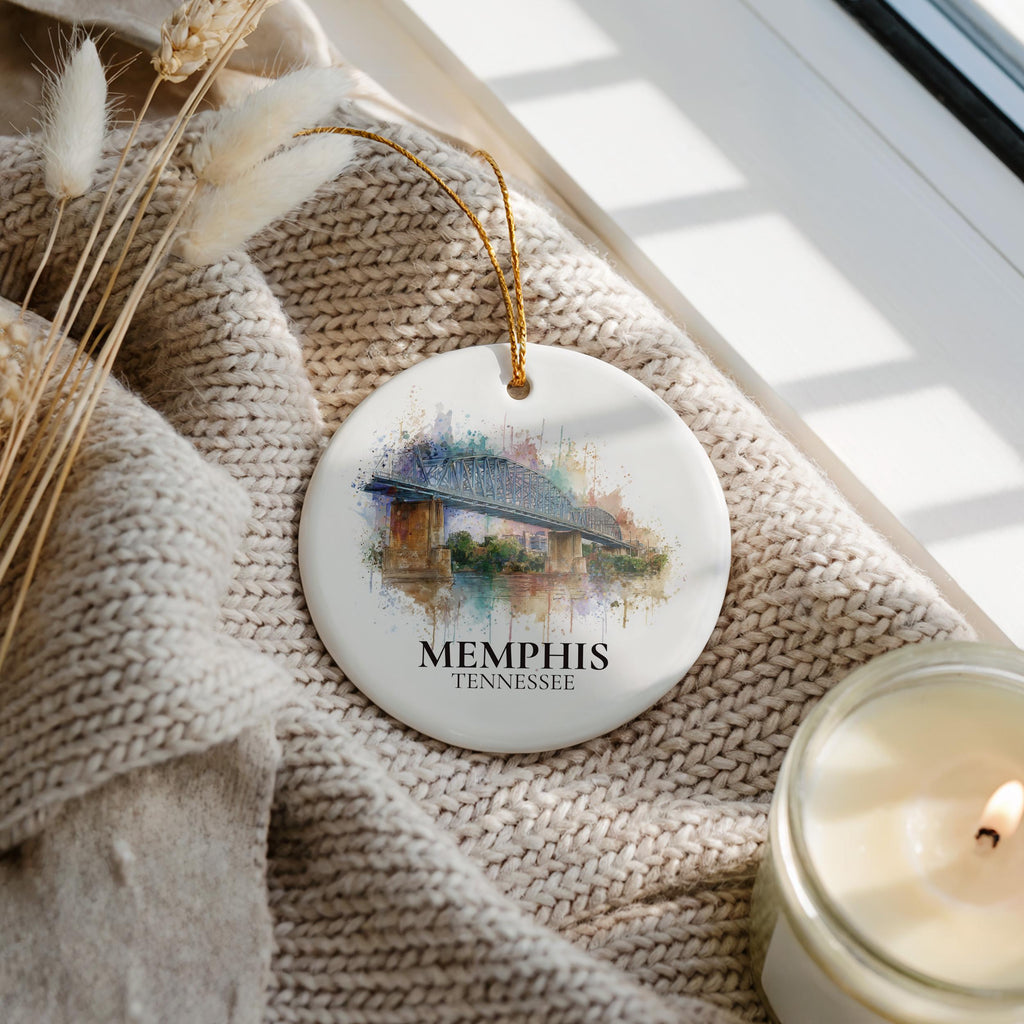 Memphis Tennessee Personalized Watercolor Ornament, Custom Ceramic Christmas gift, Travel Keepsake