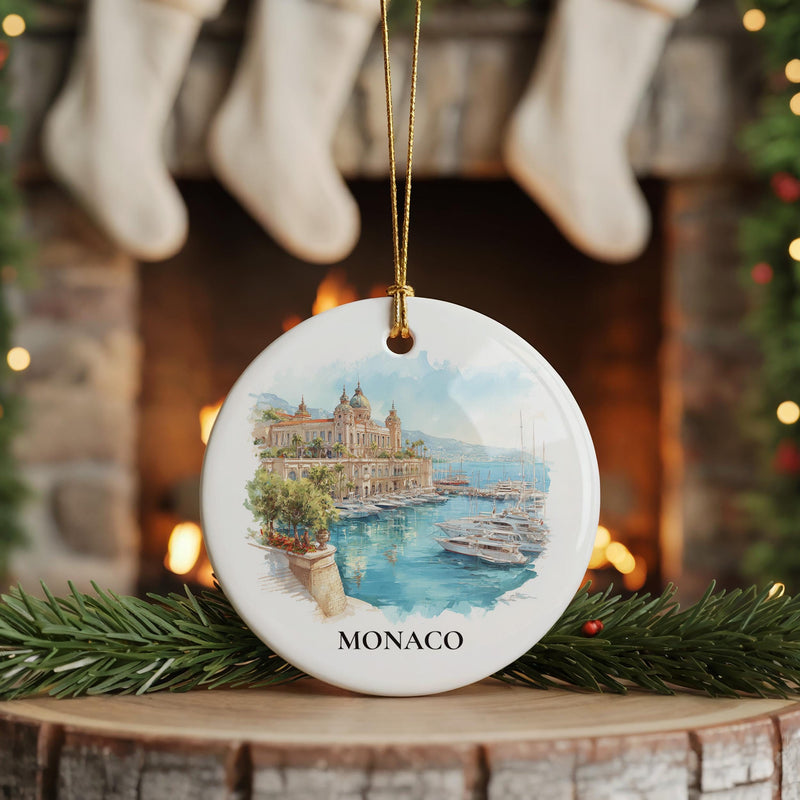 Monaco Personalized Watercolor Ornament, Custom Ceramic Christmas gift, Travel Keepsake