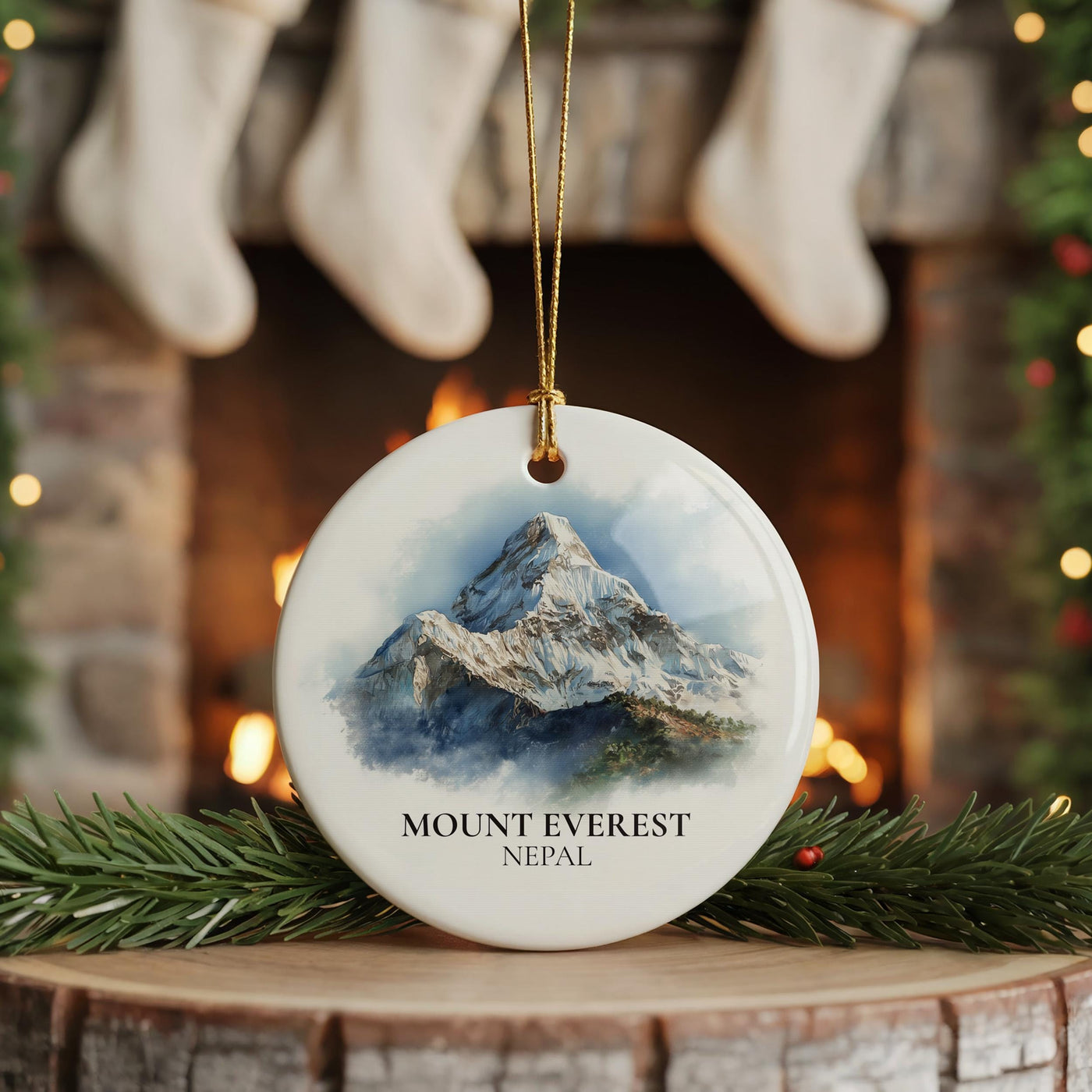 Mount Everest Ornament, Personalized Christmas Watercolor Ceramic gift, Nepal Travel Keepsake
