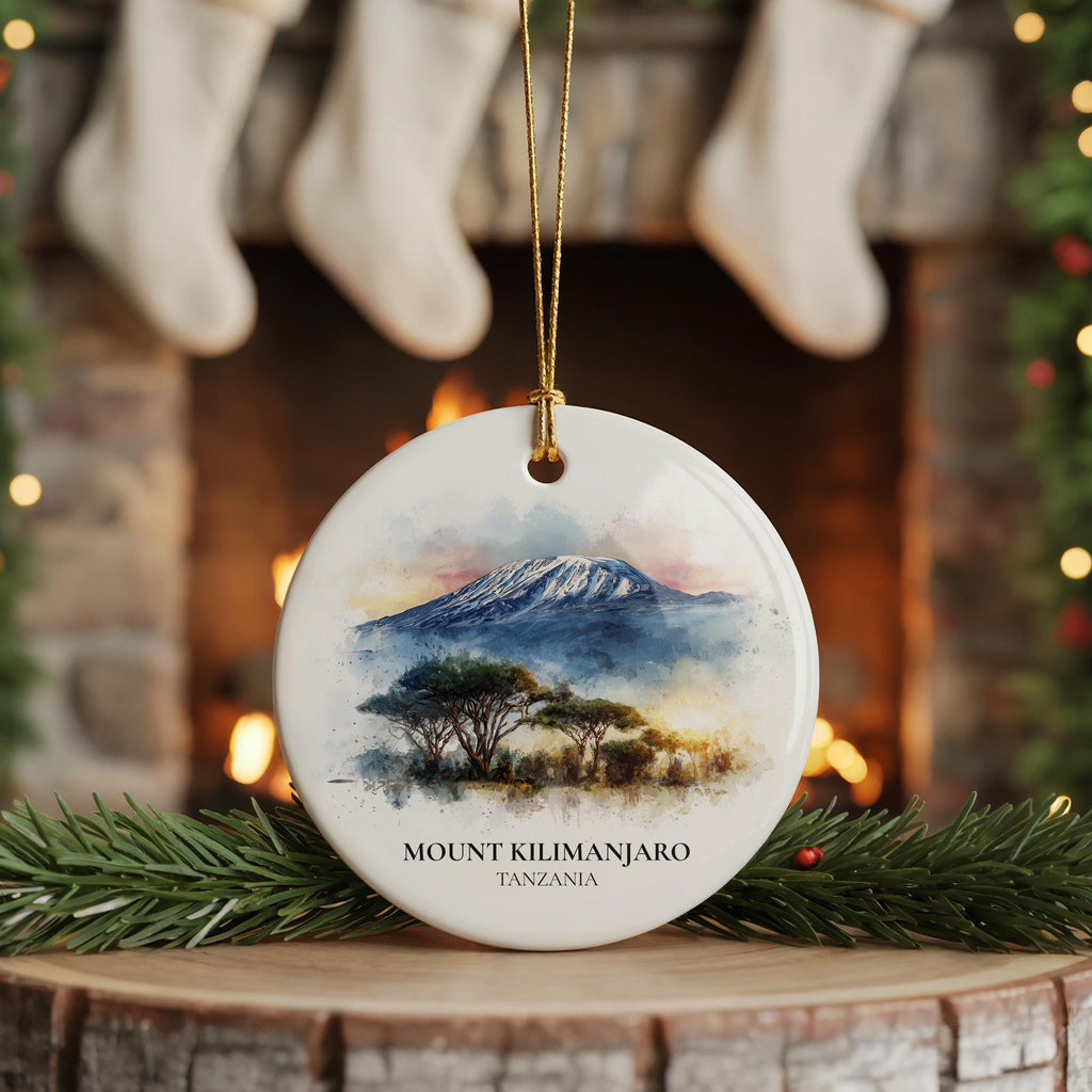 Mount Kilimanjaro Tanzania Personalized Watercolor Ornament, Custom Ceramic Christmas gift, Travel Keepsake