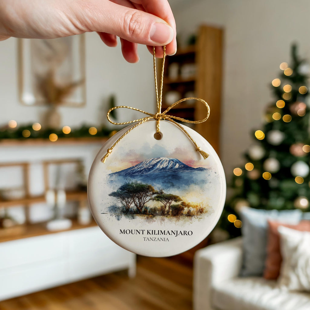 Mount Kilimanjaro Tanzania Personalized Watercolor Ornament, Custom Ceramic Christmas gift, Travel Keepsake