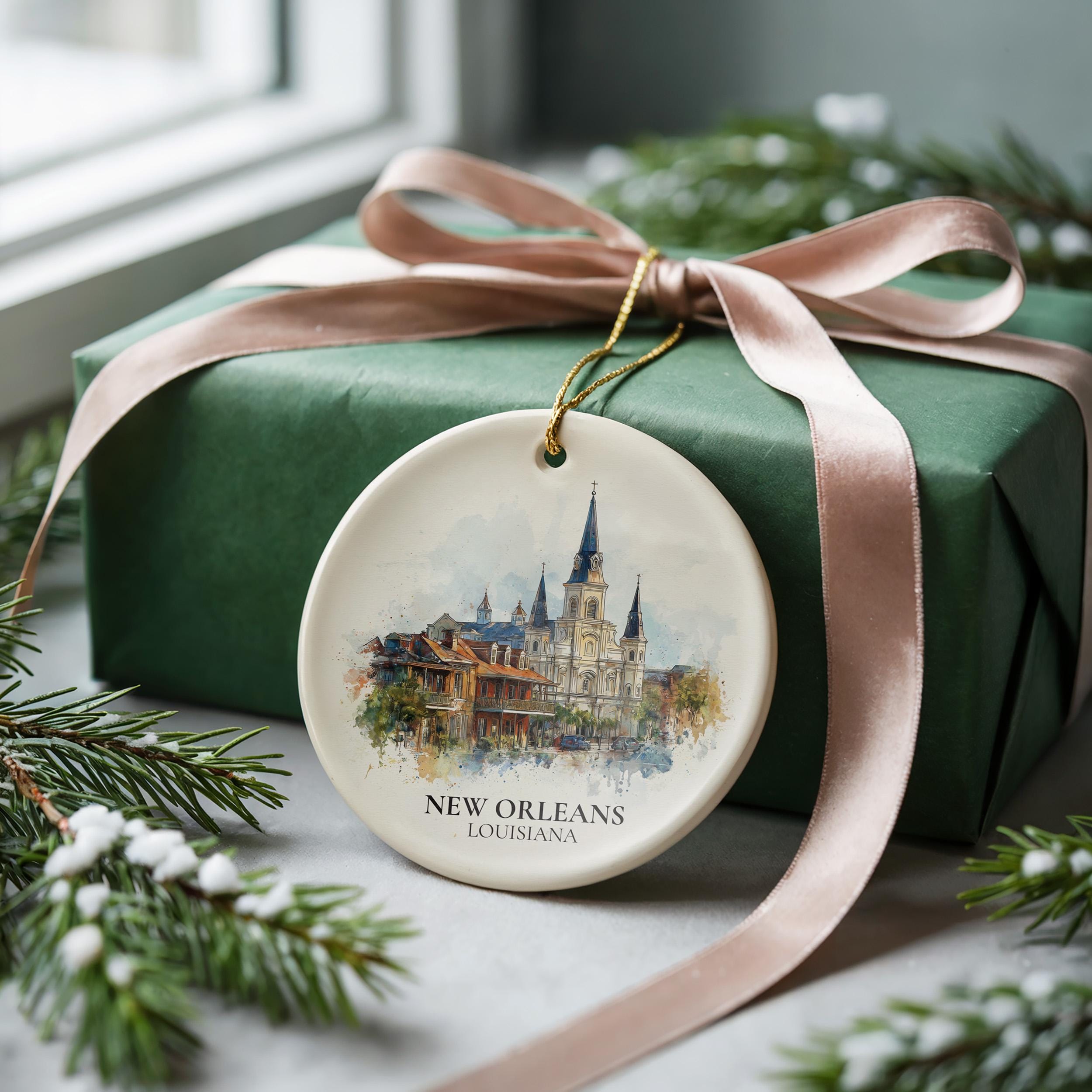 New Orleans Louisiana Personalized Watercolor Ornament, Custom Ceramic Christmas gift, Travel Keepsake