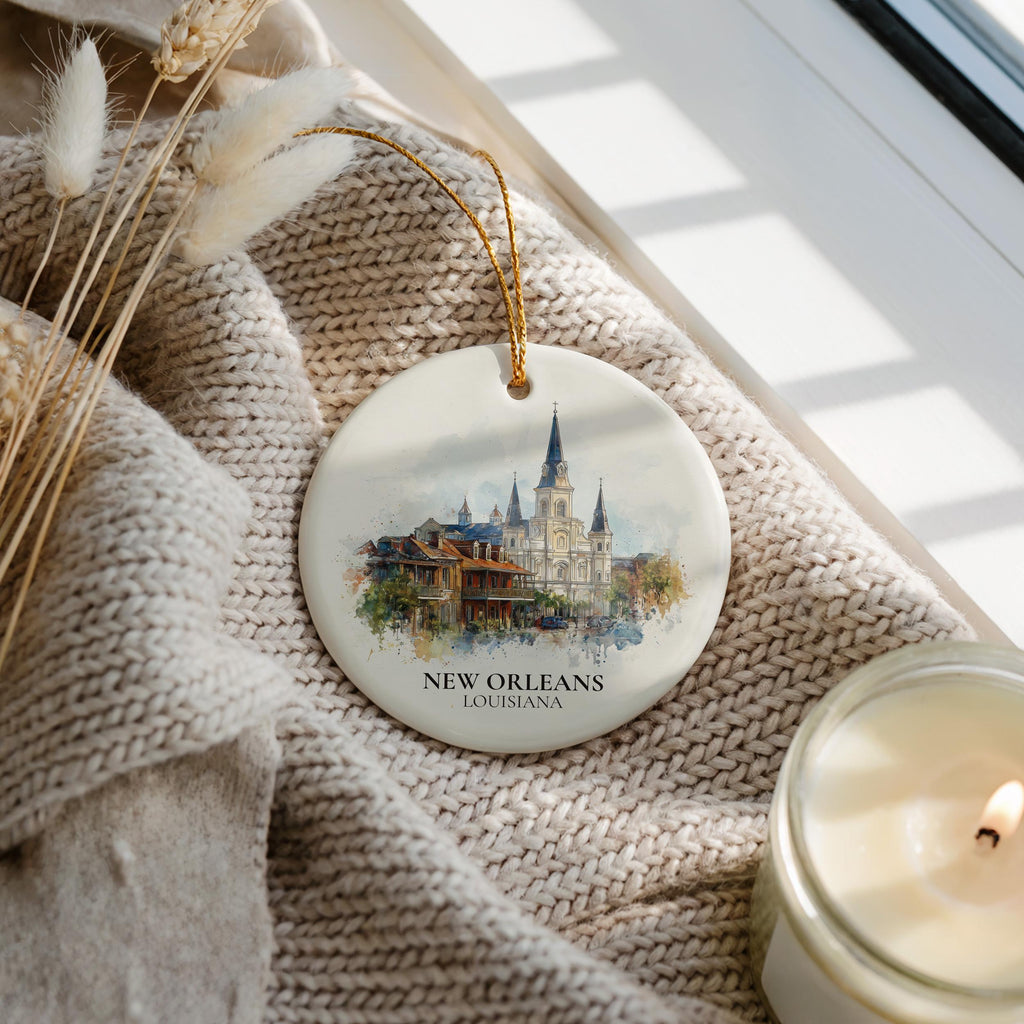 New Orleans Louisiana Personalized Watercolor Ornament, Custom Ceramic Christmas gift, Travel Keepsake