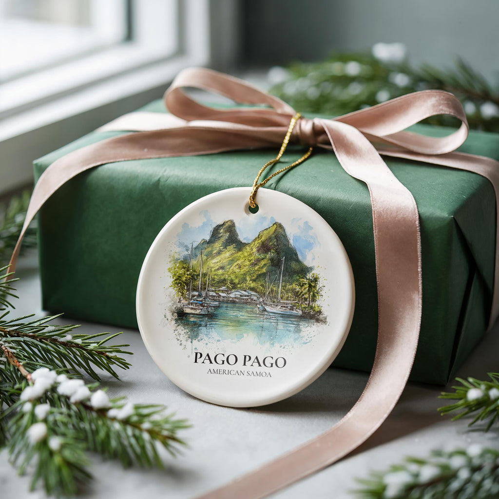 Pago Pago American Samoa Personalized Watercolor Ornament, Custom Ceramic Christmas gift, Travel Keepsake