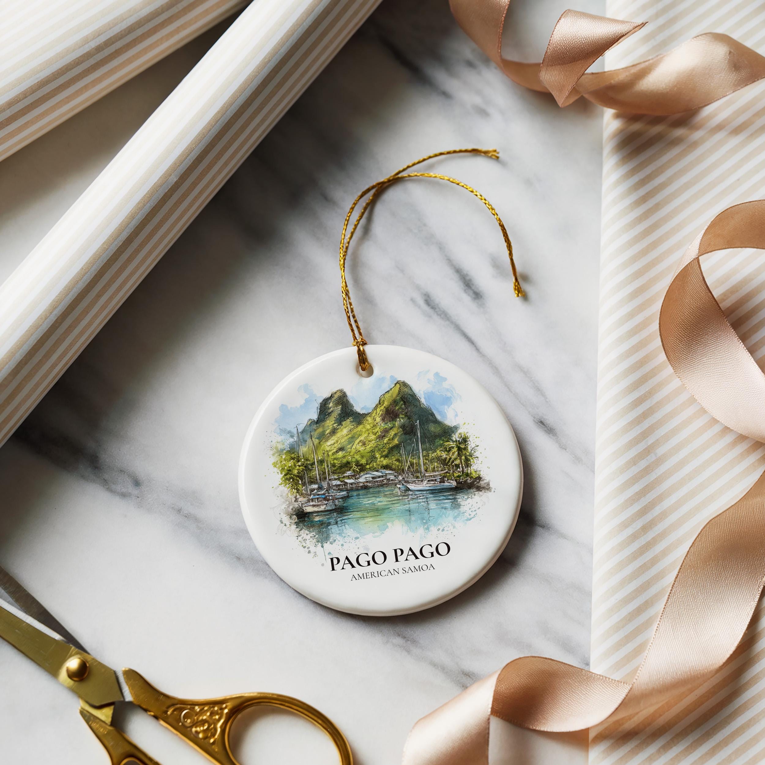 Pago Pago American Samoa Personalized Watercolor Ornament, Custom Ceramic Christmas gift, Travel Keepsake