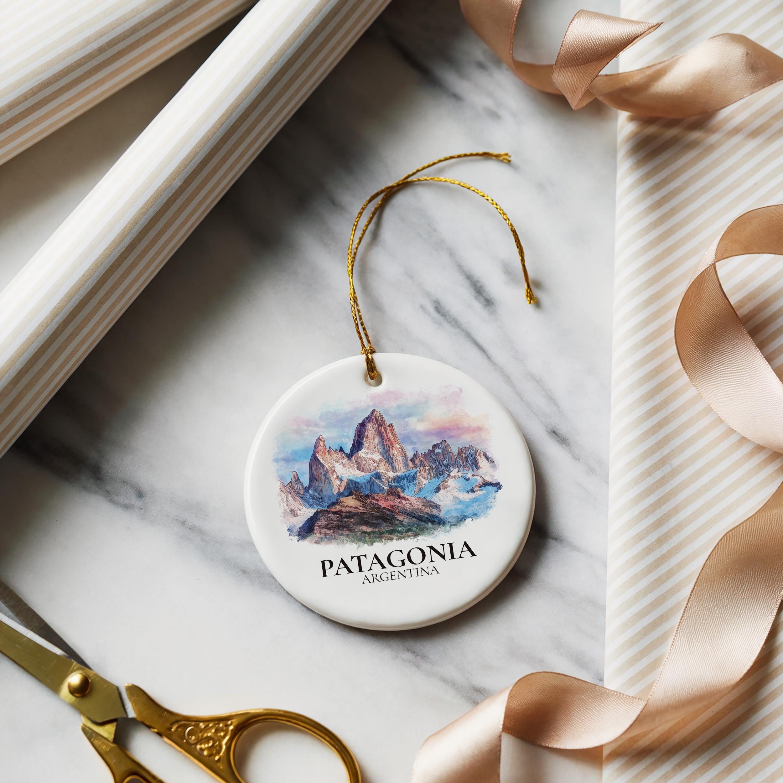 Patagonia Argentina Personalized Watercolor Ornament, Custom Ceramic Christmas gift, Travel Keepsake
