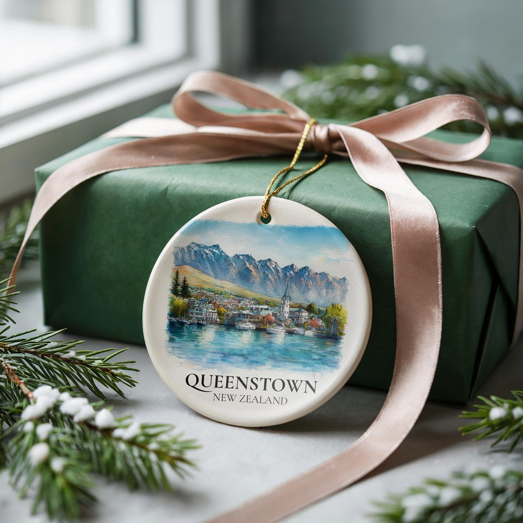 Queenstown New Zealand Personalized Watercolor Ornament, Custom Ceramic Christmas gift, Travel Keepsake
