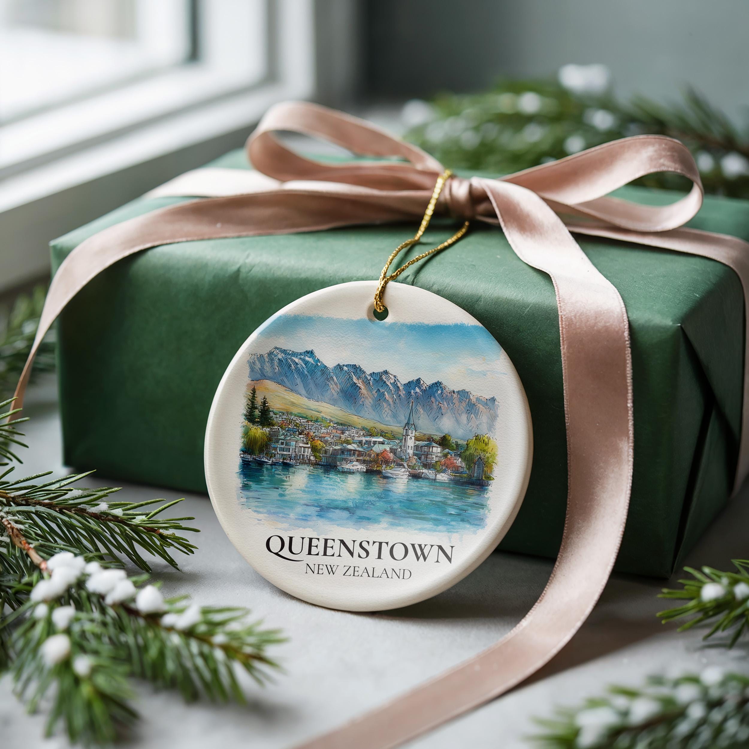 Queenstown New Zealand Personalized Watercolor Ornament, Custom Ceramic Christmas gift, Travel Keepsake