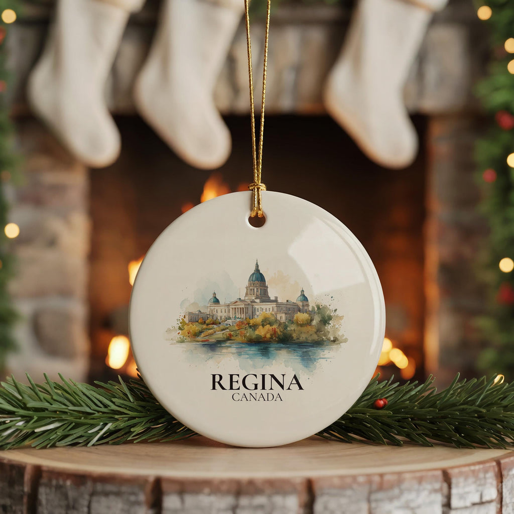 Regina Canada Saskatchewan Personalized Watercolor Ornament, Custom Ceramic Christmas gift, Travel Keepsake