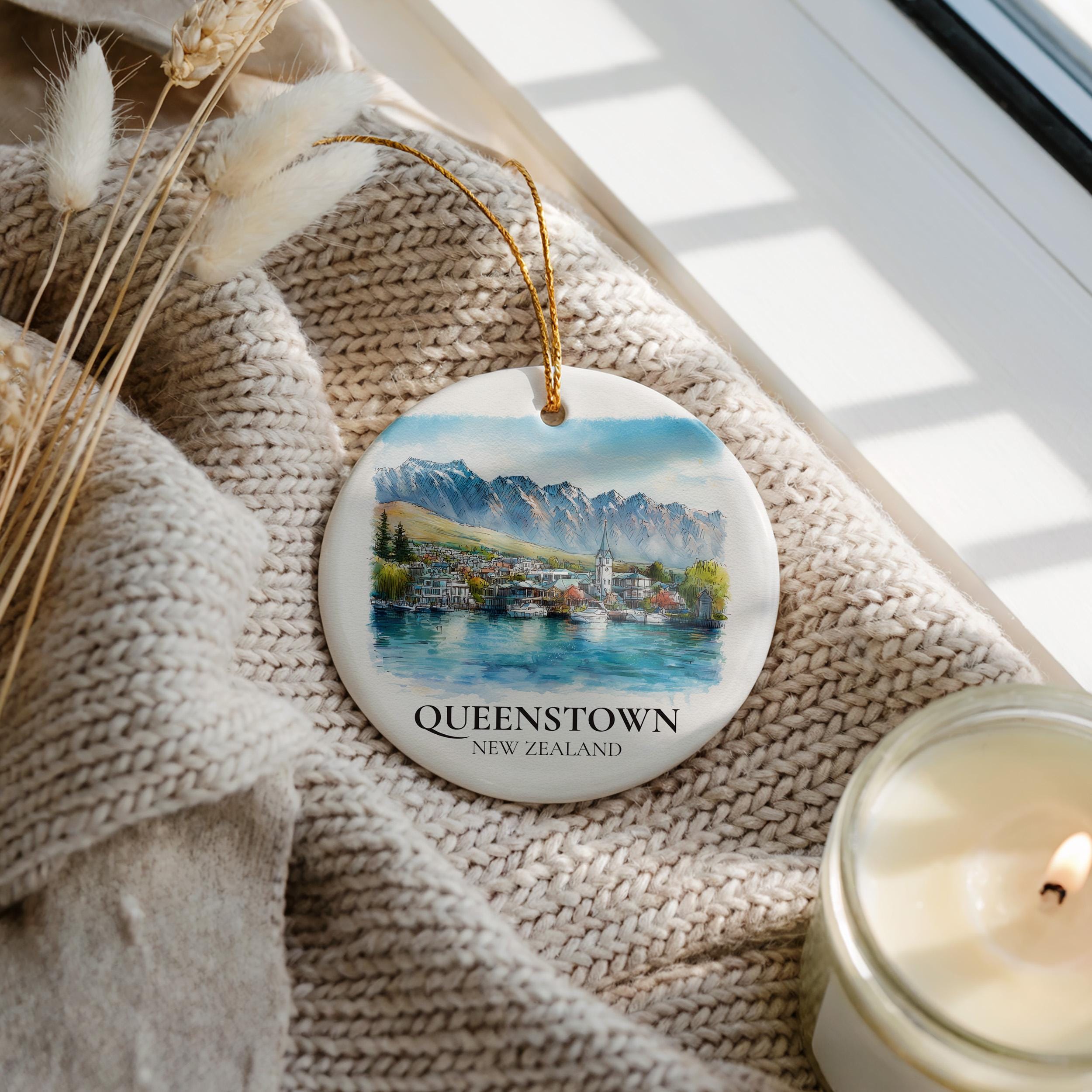 Queenstown New Zealand Personalized Watercolor Ornament, Custom Ceramic Christmas gift, Travel Keepsake