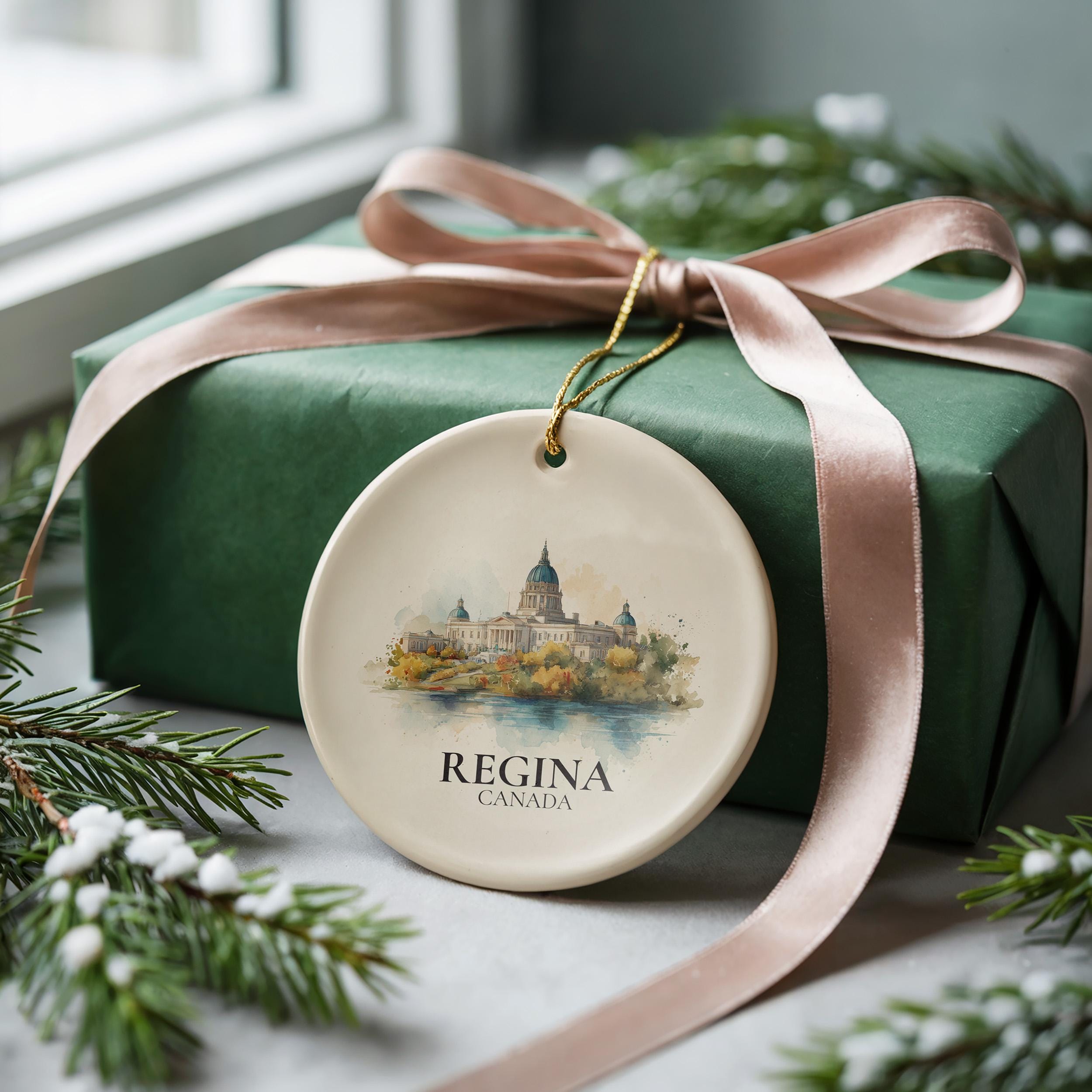 Regina Canada Saskatchewan Personalized Watercolor Ornament, Custom Ceramic Christmas gift, Travel Keepsake