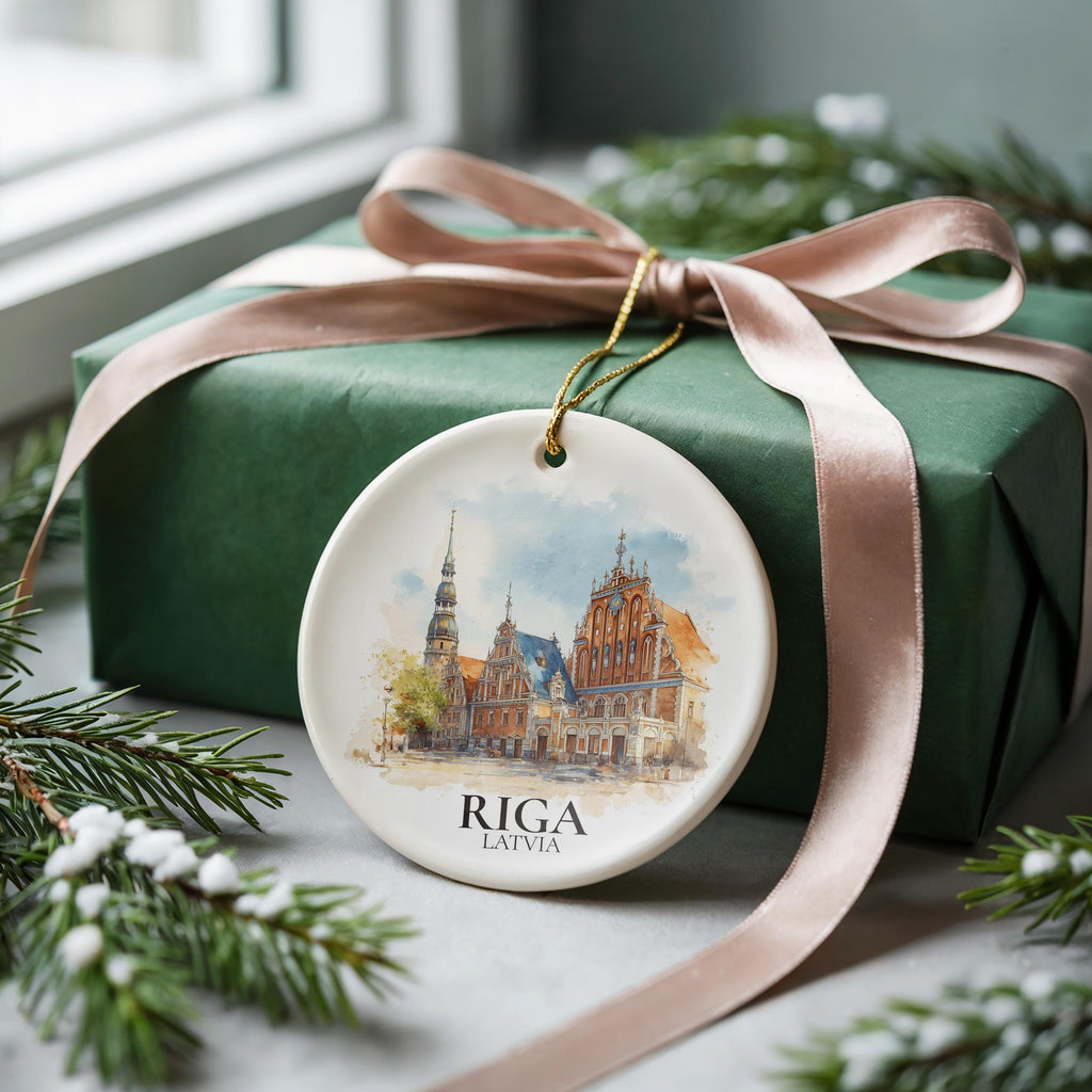 Riga Latvia Personalized Watercolor Ornament, Custom Ceramic Christmas gift, Travel Keepsake