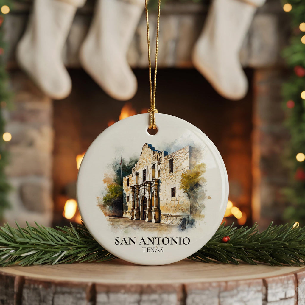San Antonio Texas Custom Watercolor Ornament,  Personalized  Ceramic Christmas gift, Travel Keepsake