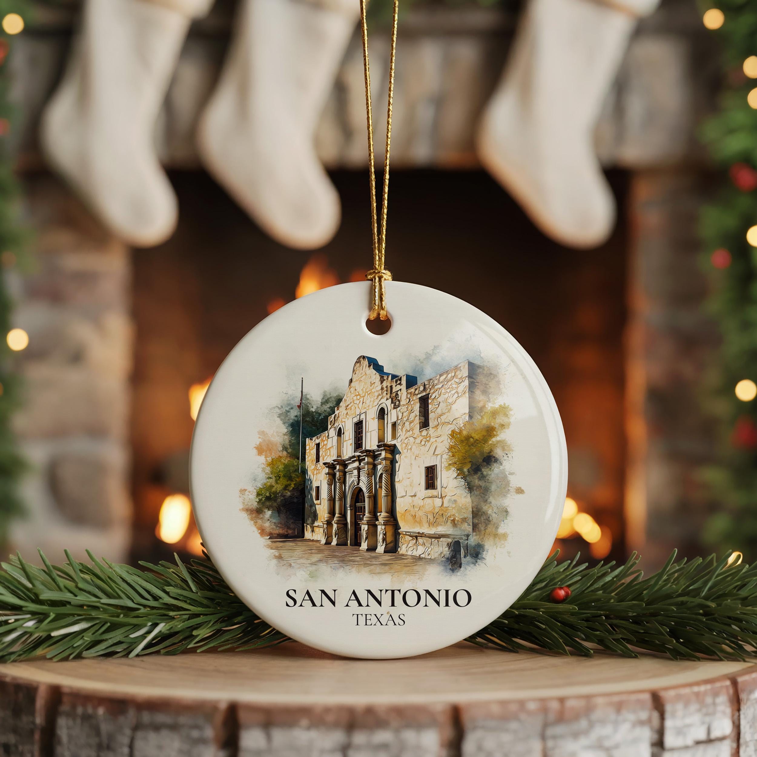 San Antonio Texas Custom Watercolor Ornament,  Personalized  Ceramic Christmas gift, Travel Keepsake