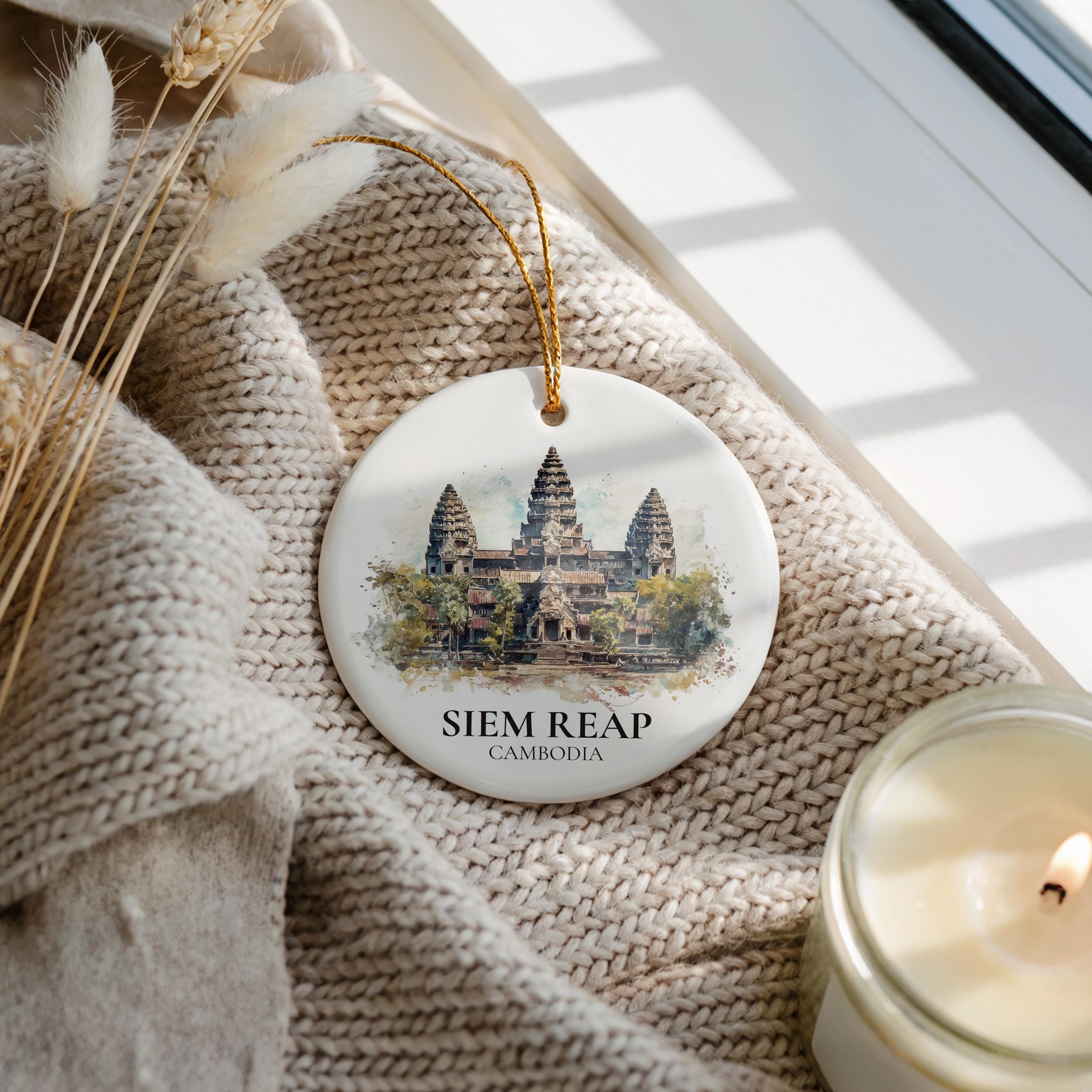 Siem Reap Cambodia Personalized Watercolor Ornament, Custom Ceramic Christmas gift, Travel Keepsake