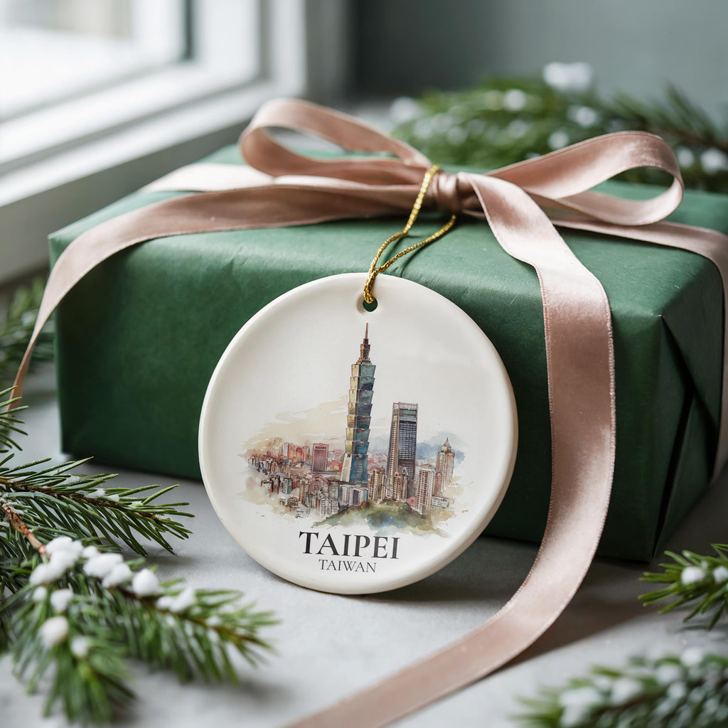 Taipei Taiwan Personalized Watercolor Ornament, Custom Ceramic Christmas gift, Travel Keepsake