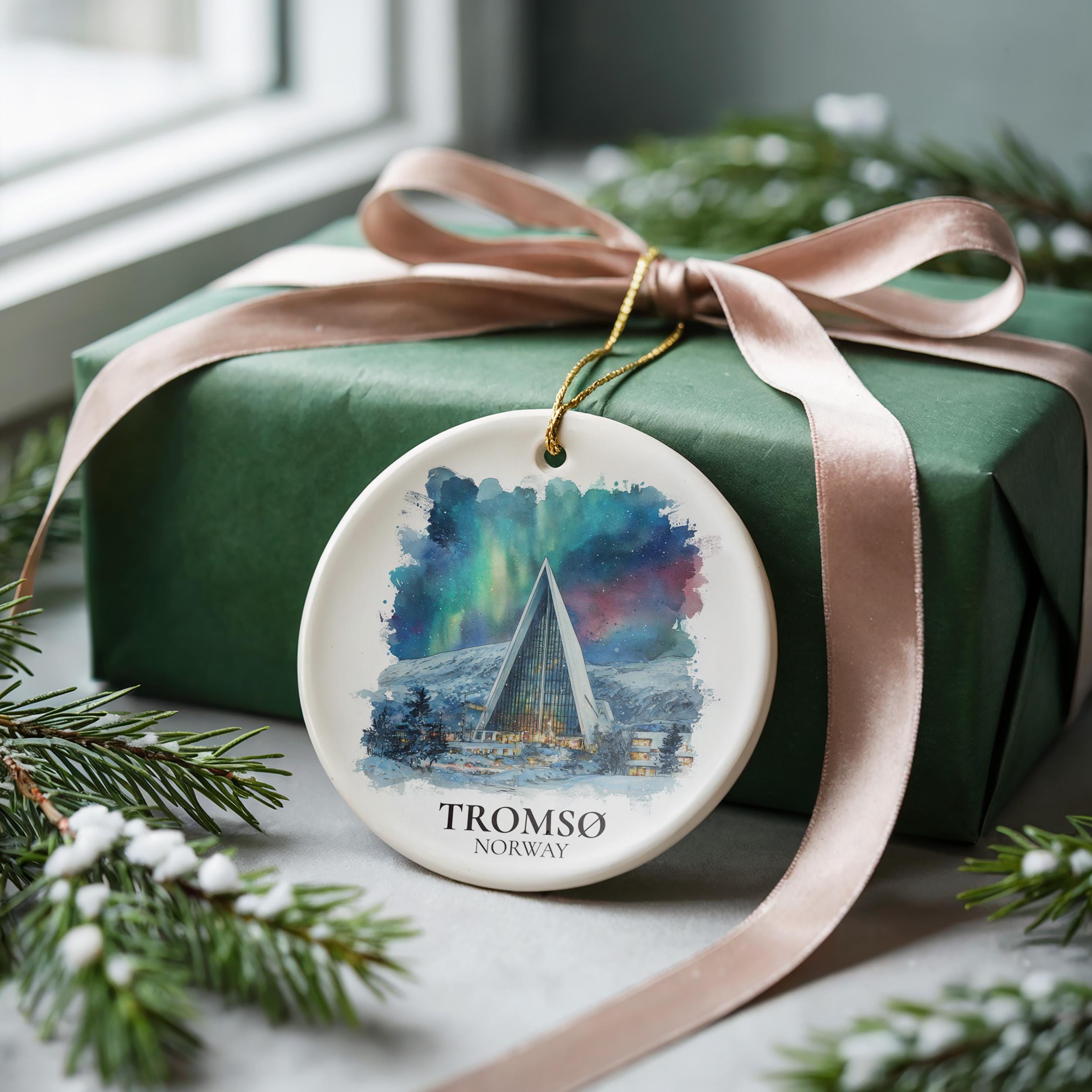 Tromso Norway Personalized Watercolor Ornament, Custom Ceramic Christmas gift, Travel Keepsake