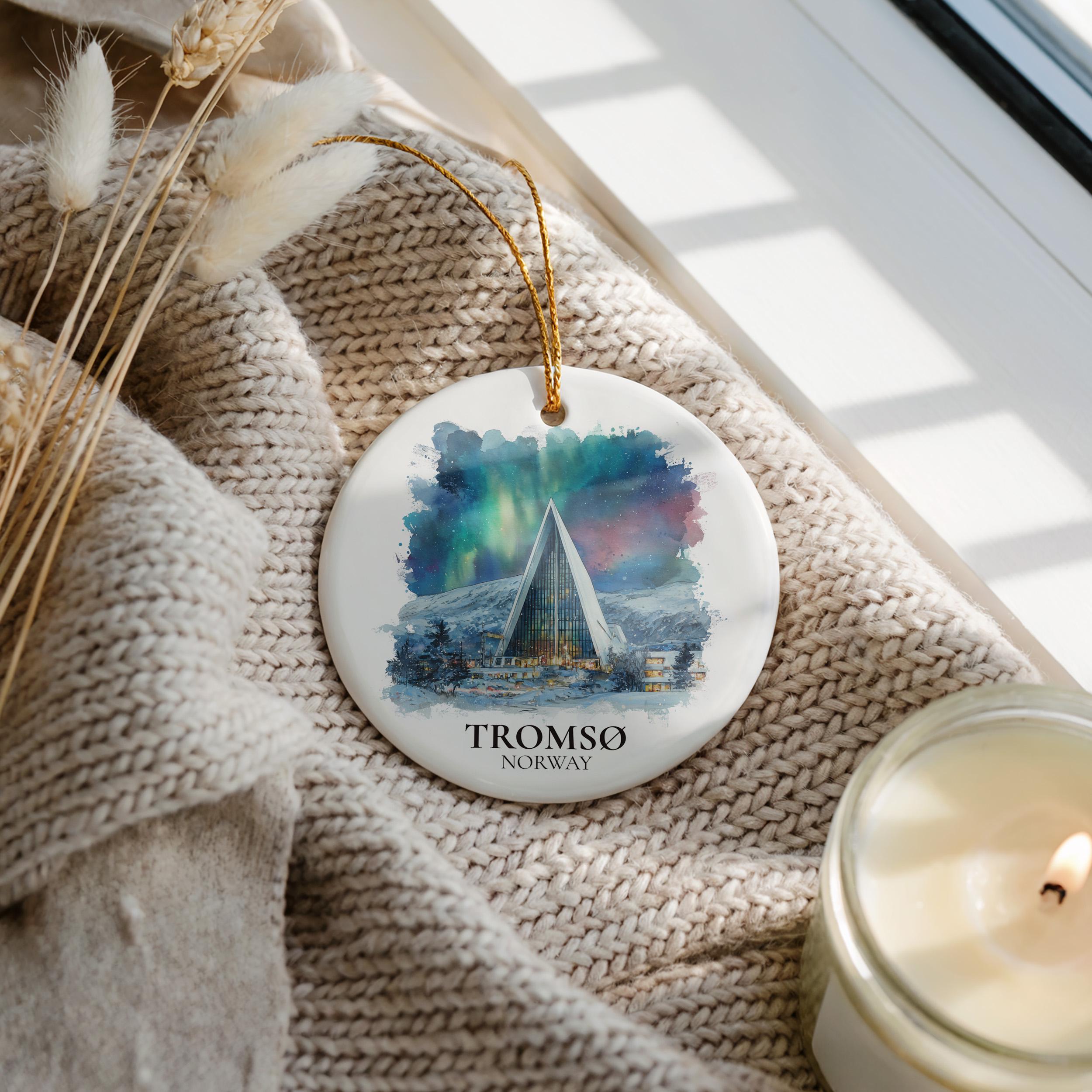 Tromso Norway Personalized Watercolor Ornament, Custom Ceramic Christmas gift, Travel Keepsake