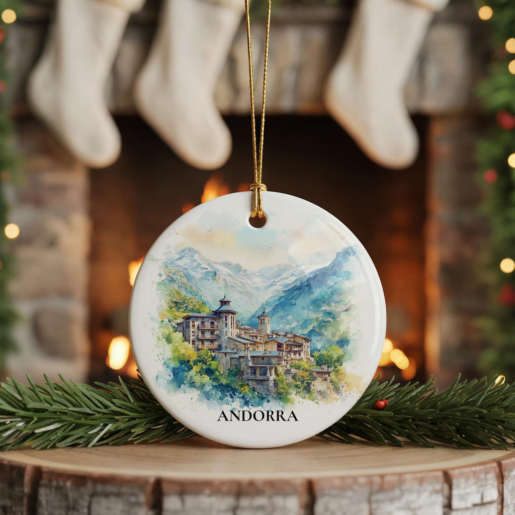 Andorra la Vella Andorra Personalized Watercolor Ornament, Custom Ceramic Christmas gift, Travel Keepsake