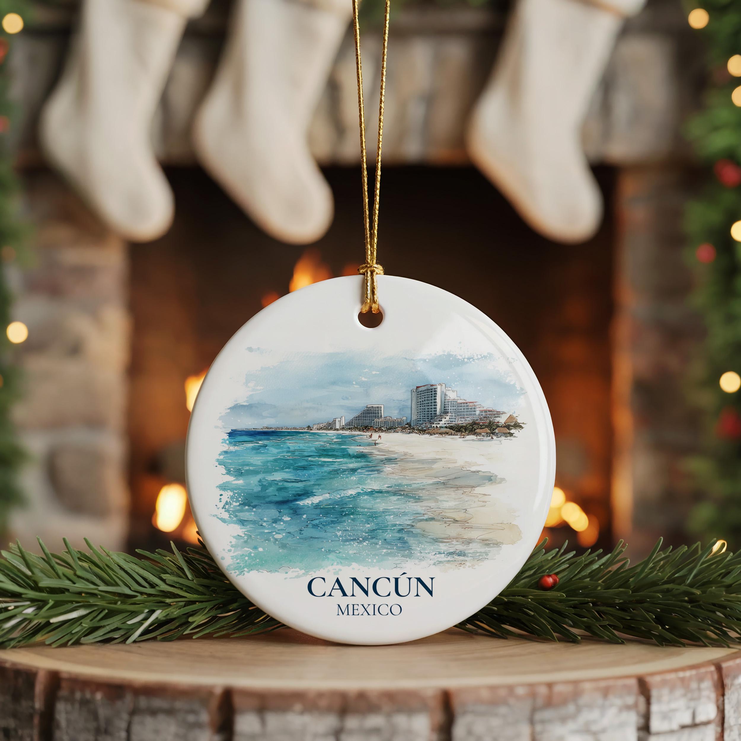 Cancun Mexico Personalized Watercolor Ornament, Custom Ceramic Christmas gift, Travel Keepsake