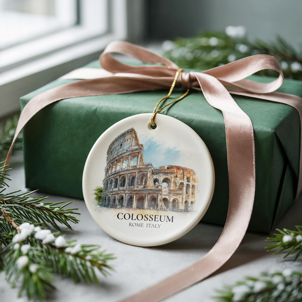 Colosseum Italy2 Personalized Watercolor Ornament, Custom Ceramic Christmas gift, Travel Keepsake