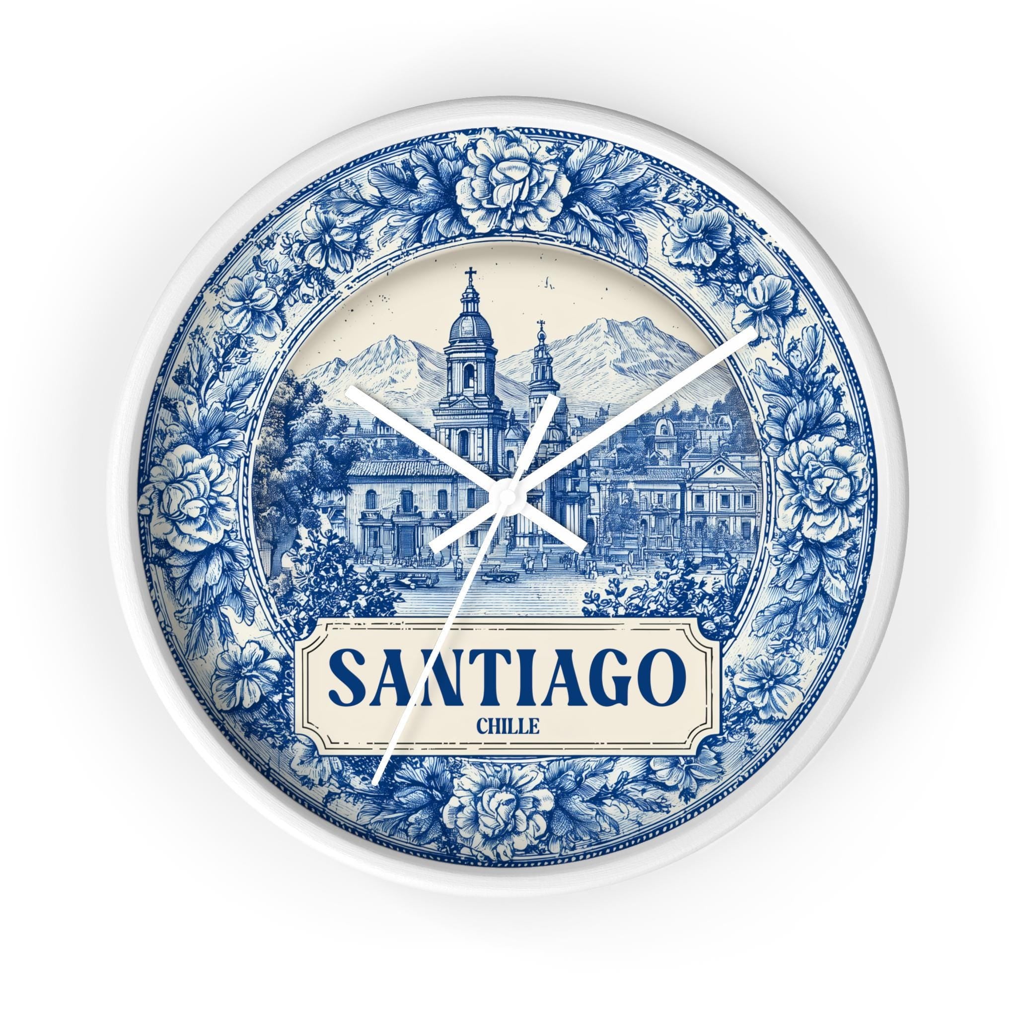 Santiago Chile Wall Clock, Delf style Home Decor, Vintage City Travel Keepsake Art