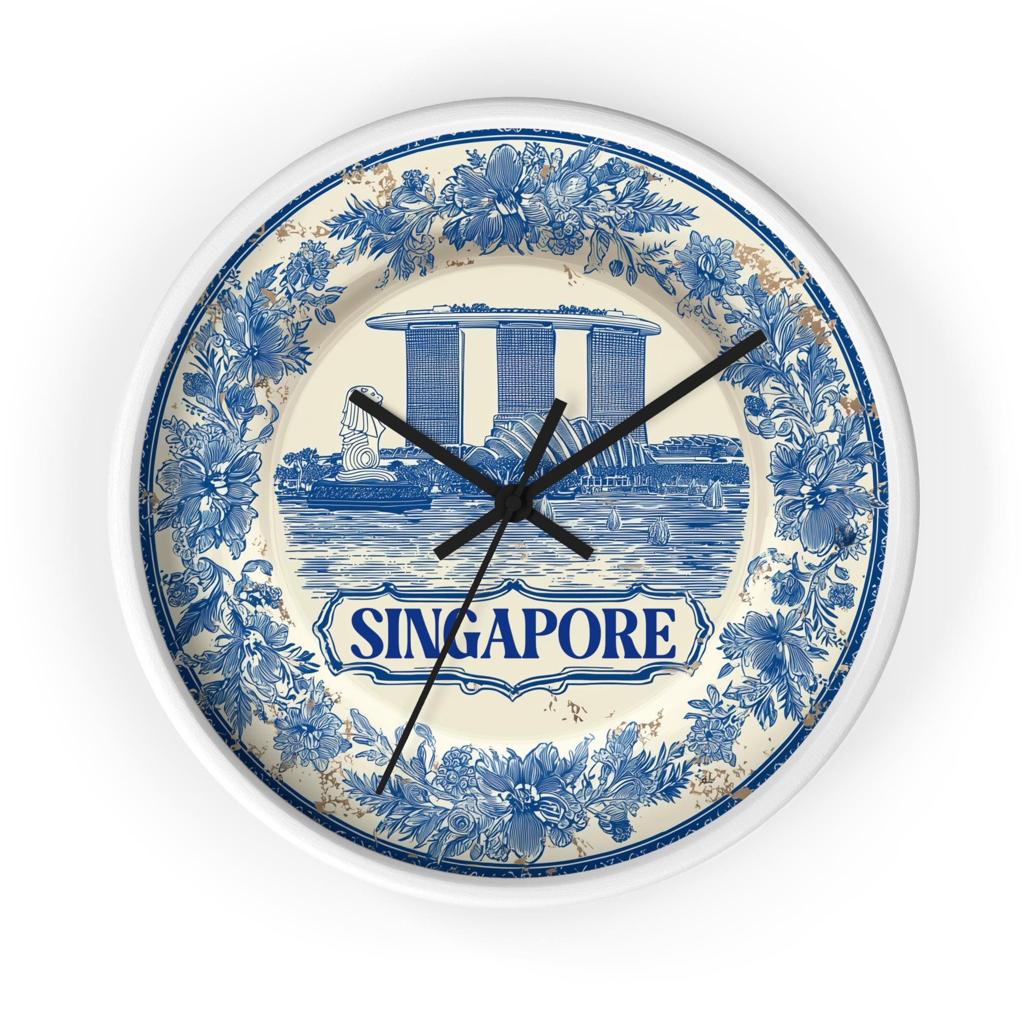 Singapore Wall Clock, Delf style Home Decor, Vintage City Travel Keepsake Art