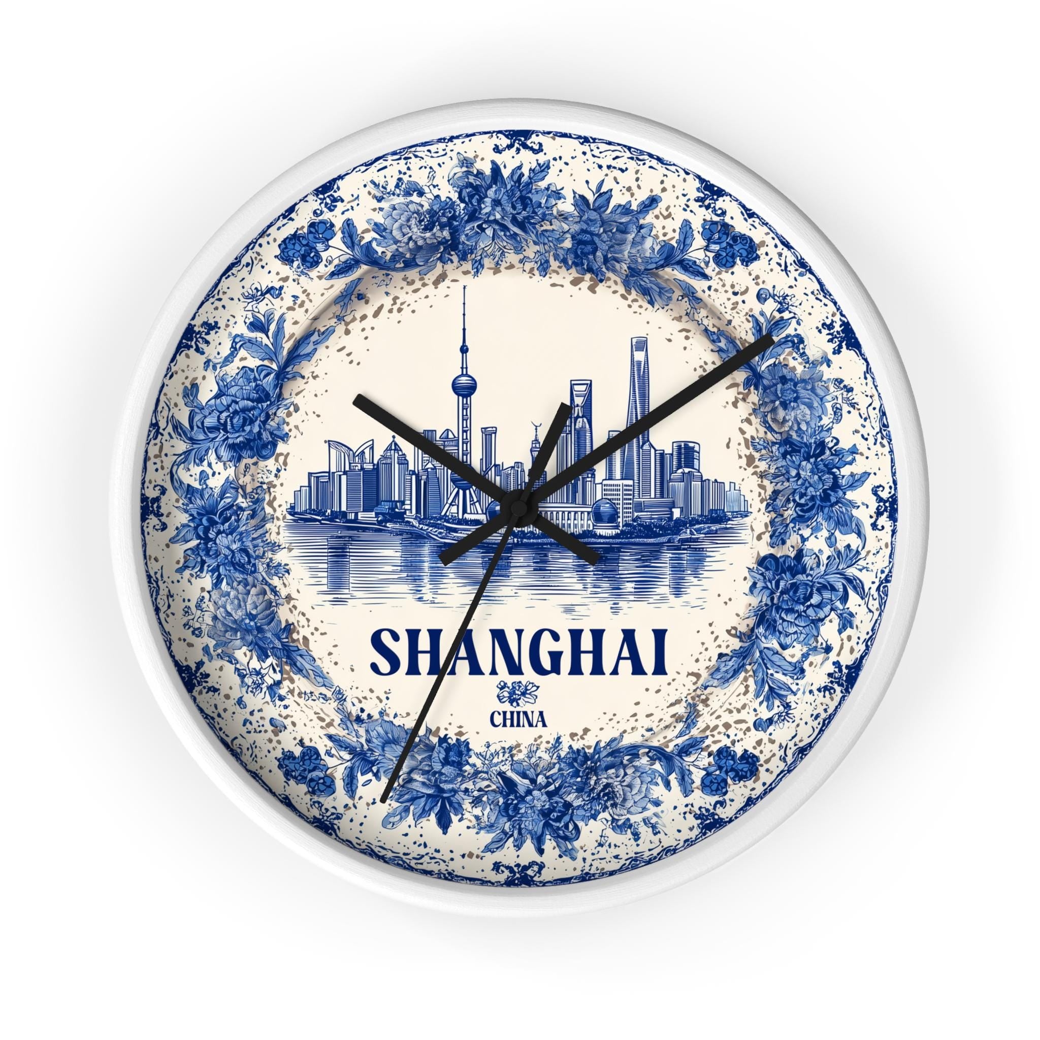 Shanghai China Wall Clock, Delf style Home Decor, Vintage City Travel Keepsake Art