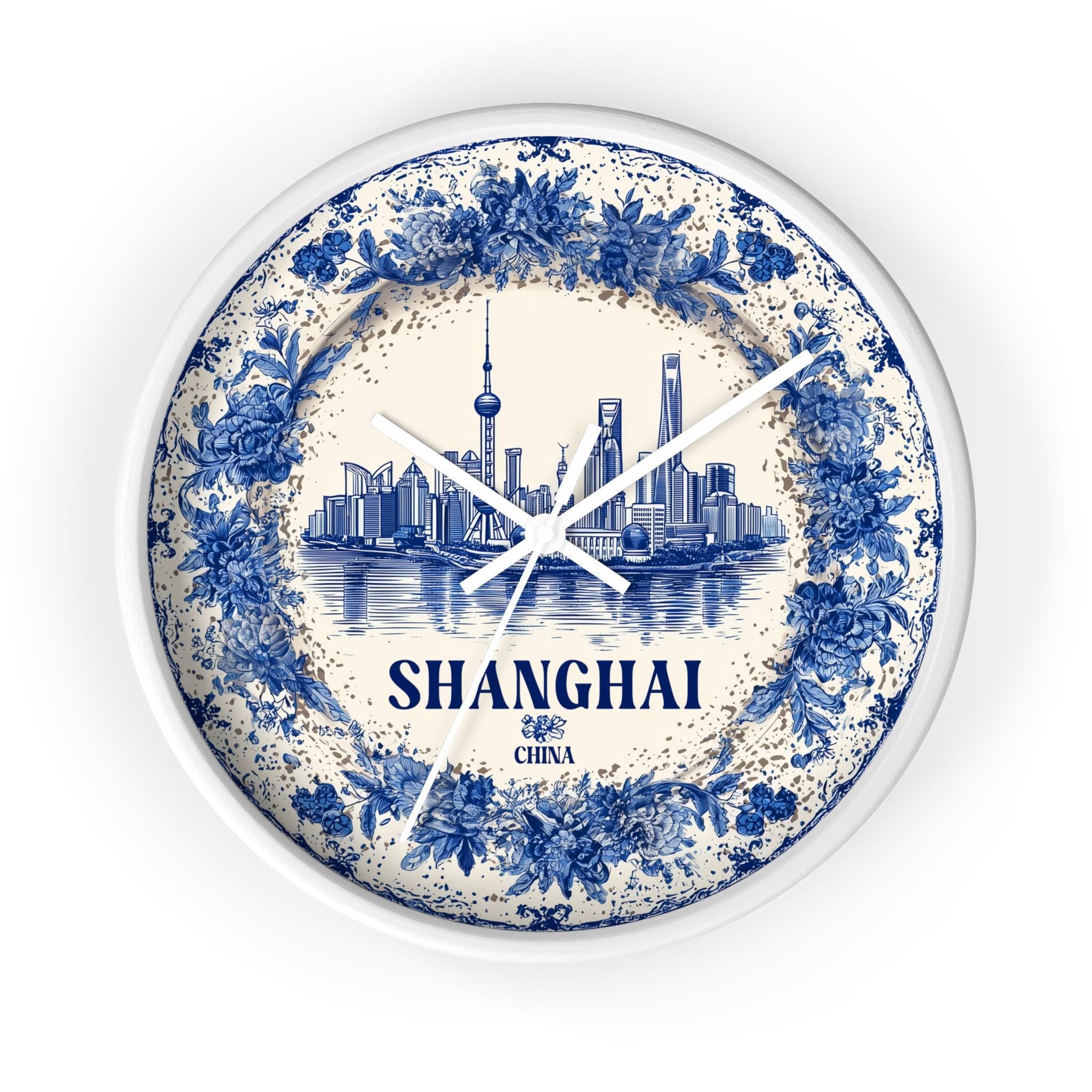 Shanghai China Wall Clock, Delf style Home Decor, Vintage City Travel Keepsake Art