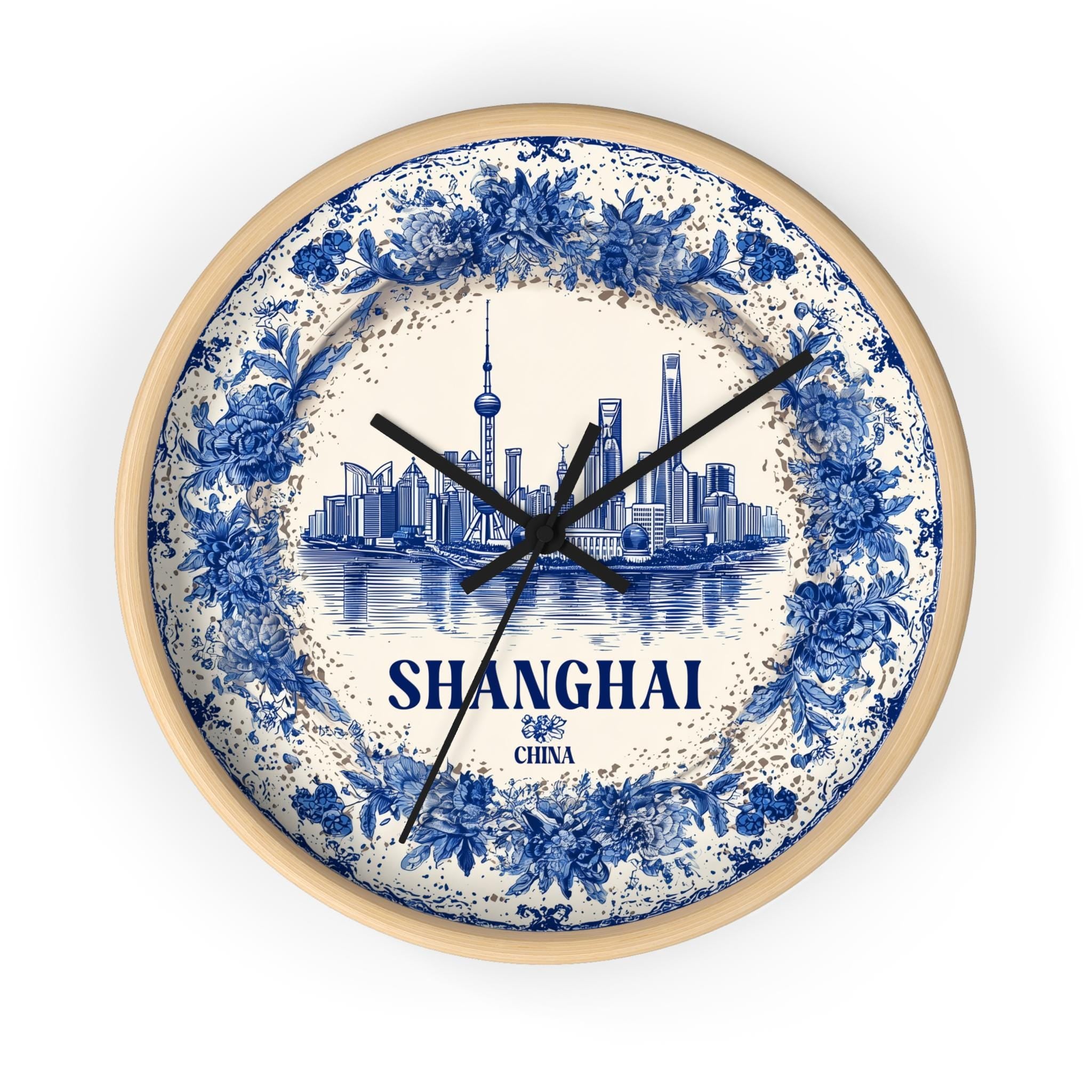 Shanghai China Wall Clock, Delf style Home Decor, Vintage City Travel Keepsake Art