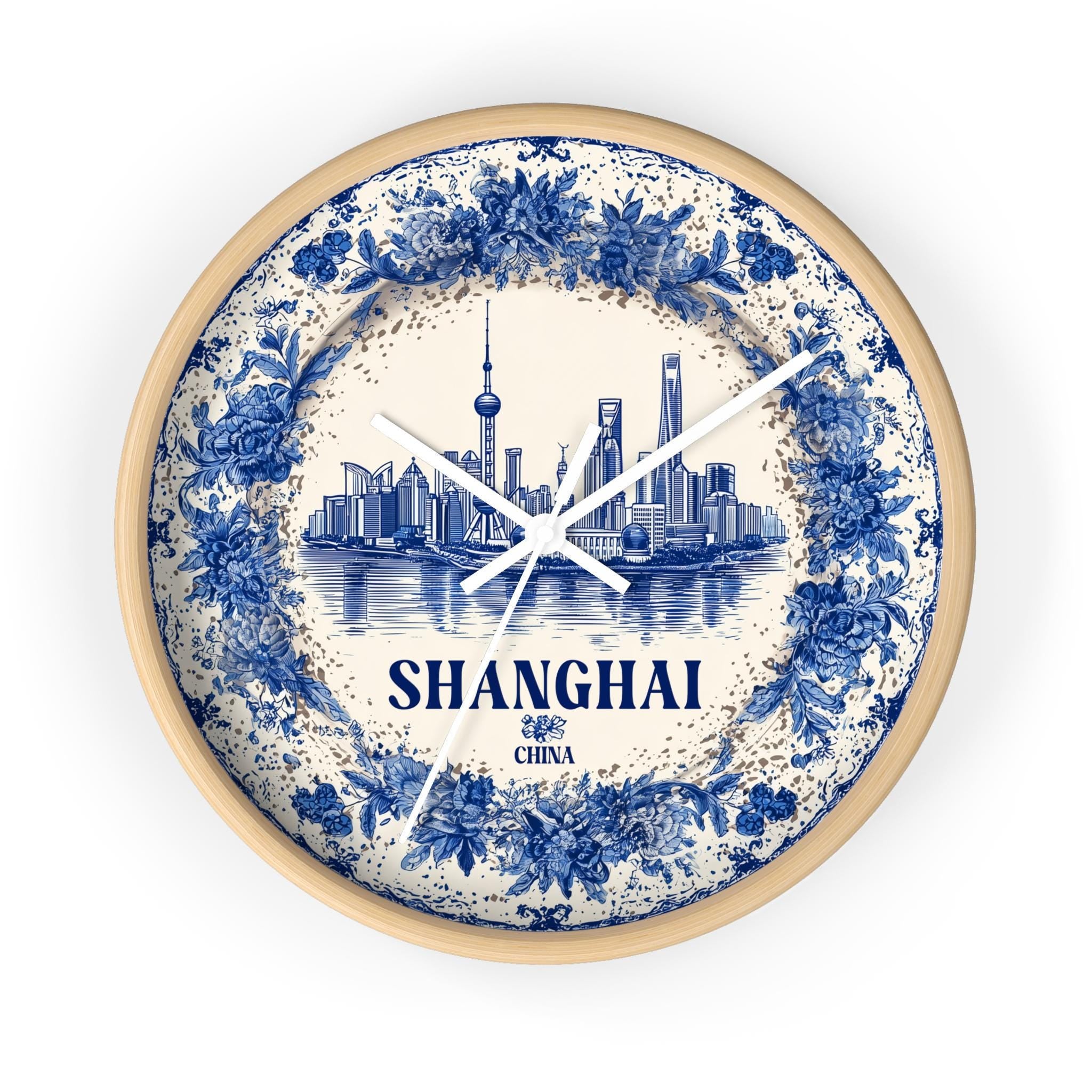 Shanghai China Wall Clock, Delf style Home Decor, Vintage City Travel Keepsake Art