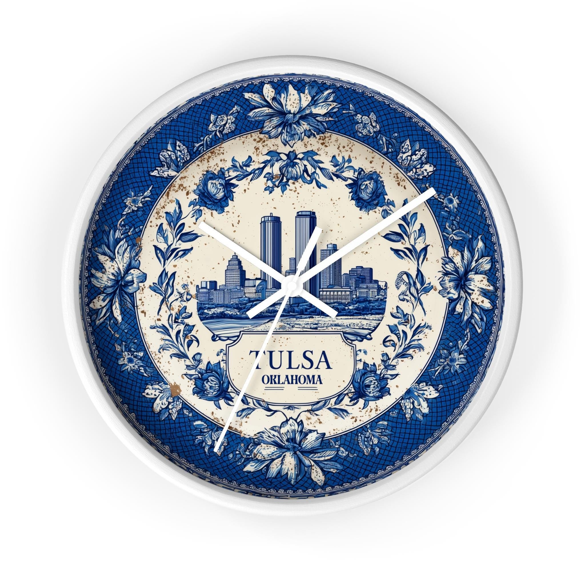 Tulsa Oklahoma Wall Clock, Delf style Home Decor, Vintage City Travel Keepsake Art