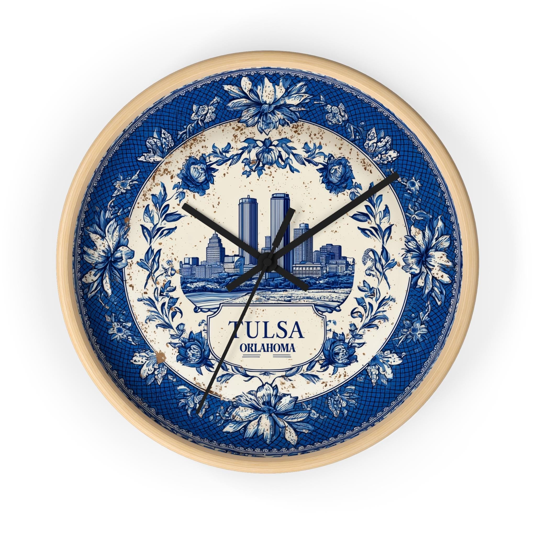 Tulsa Oklahoma Wall Clock, Delf style Home Decor, Vintage City Travel Keepsake Art