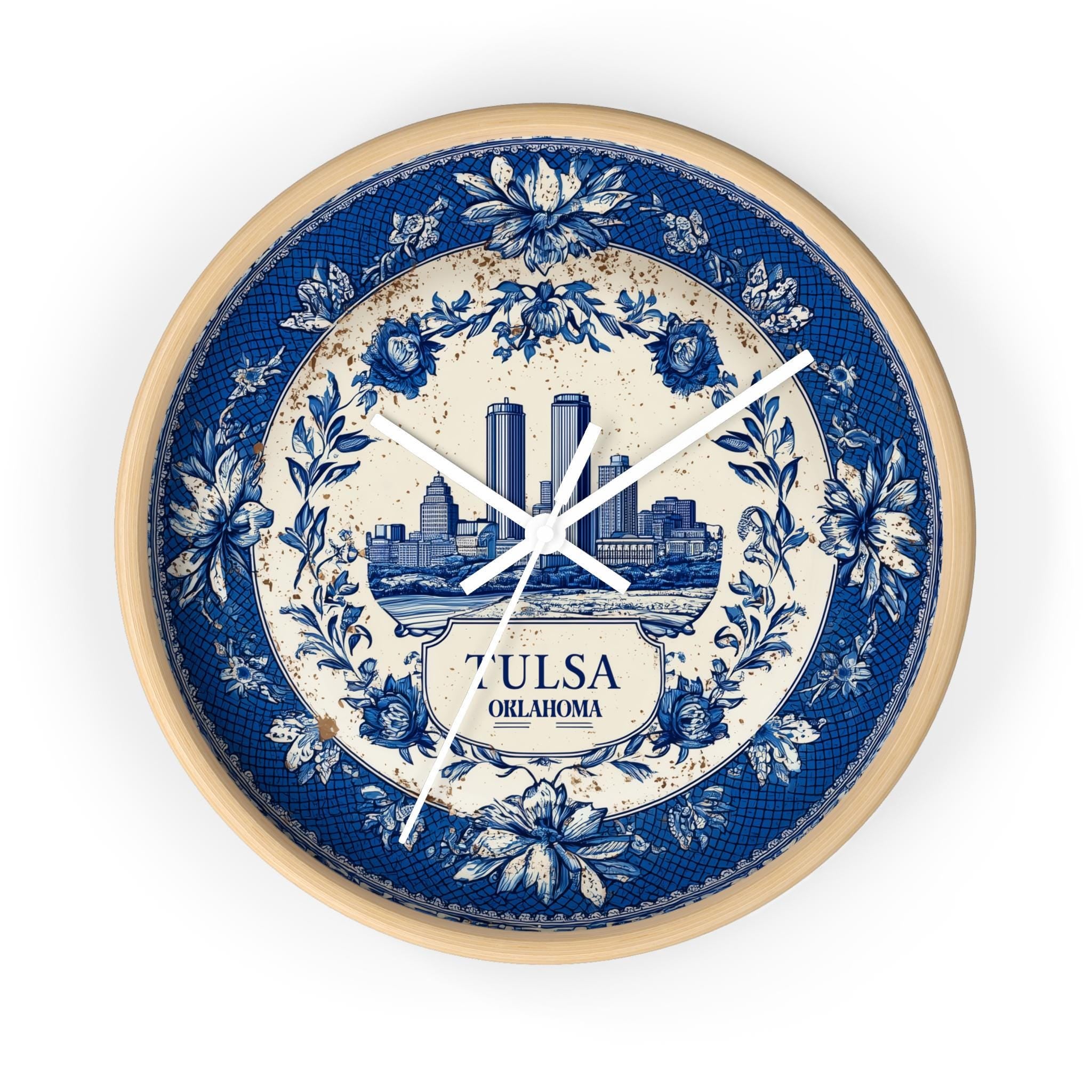 Tulsa Oklahoma Wall Clock, Delf style Home Decor, Vintage City Travel Keepsake Art