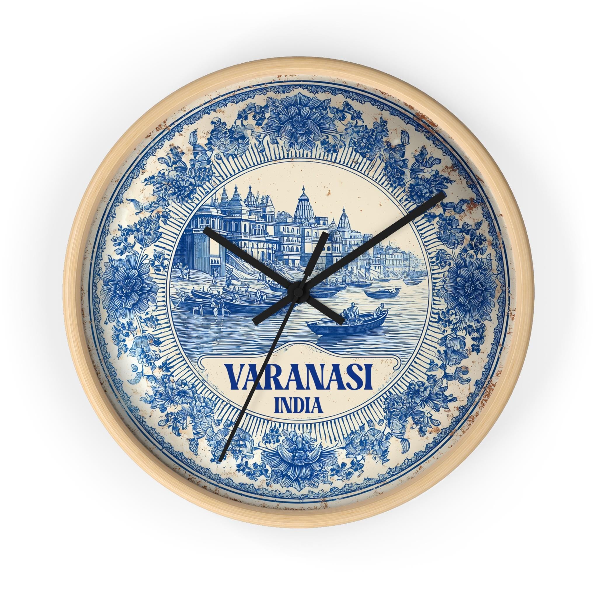 Varanasi India Wall Clock, Delf style Home Decor, Vintage City Travel Keepsake Art