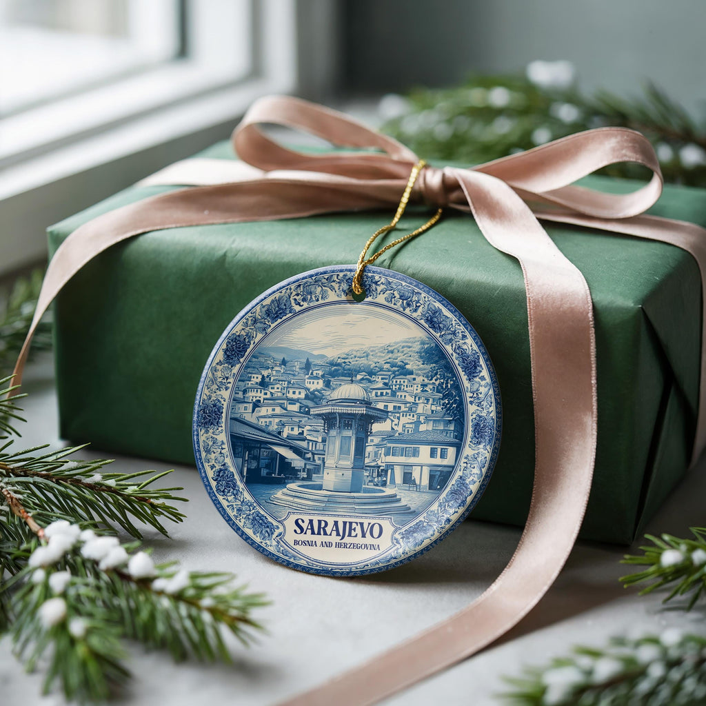 Custom Sarajevo Bosnia and Herzegovina Ceramic Delft Ornament, Christmas Delftware Blue Delftware city travel