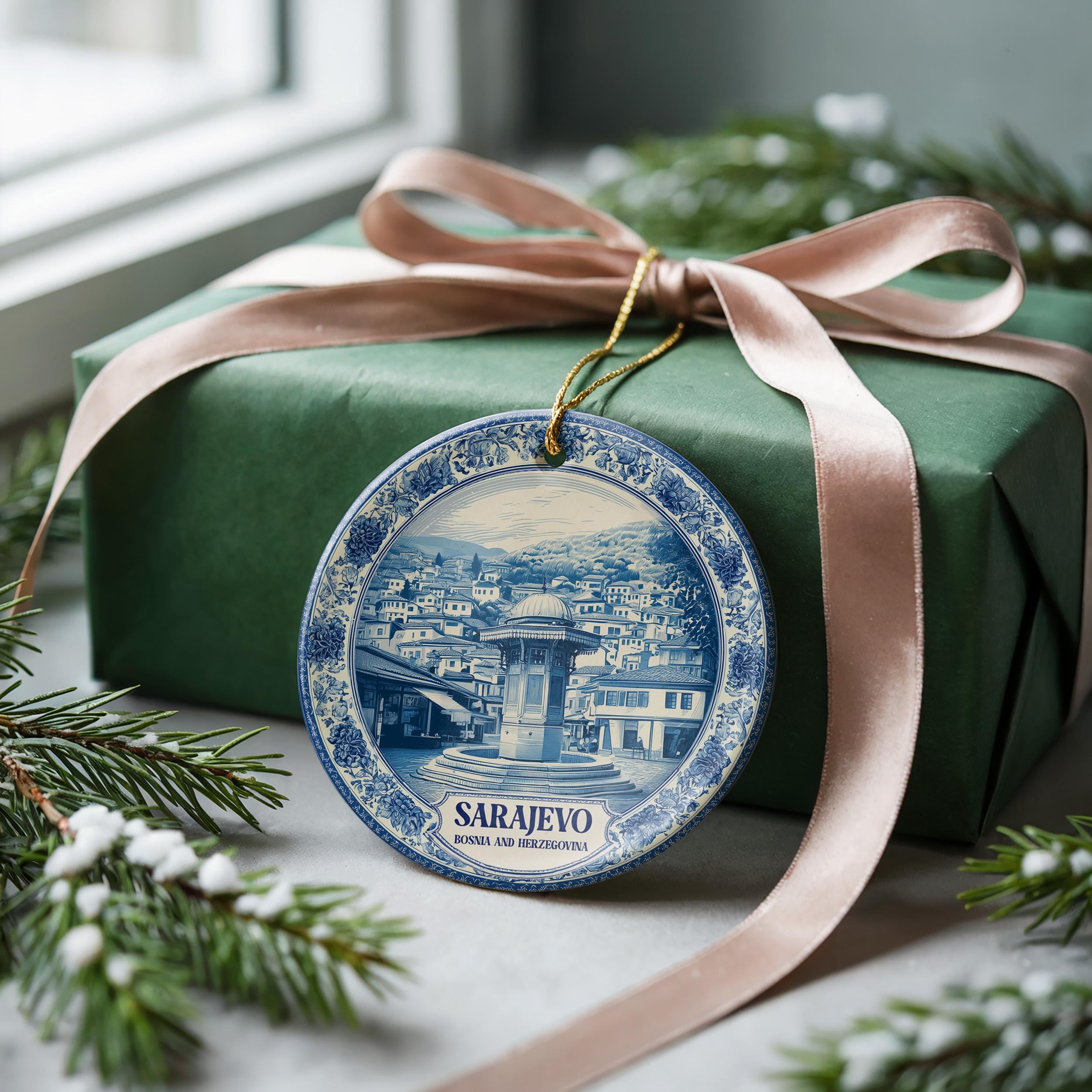 Custom Sarajevo Bosnia and Herzegovina Ceramic Delft Ornament, Christmas Delftware Blue Delftware city travel