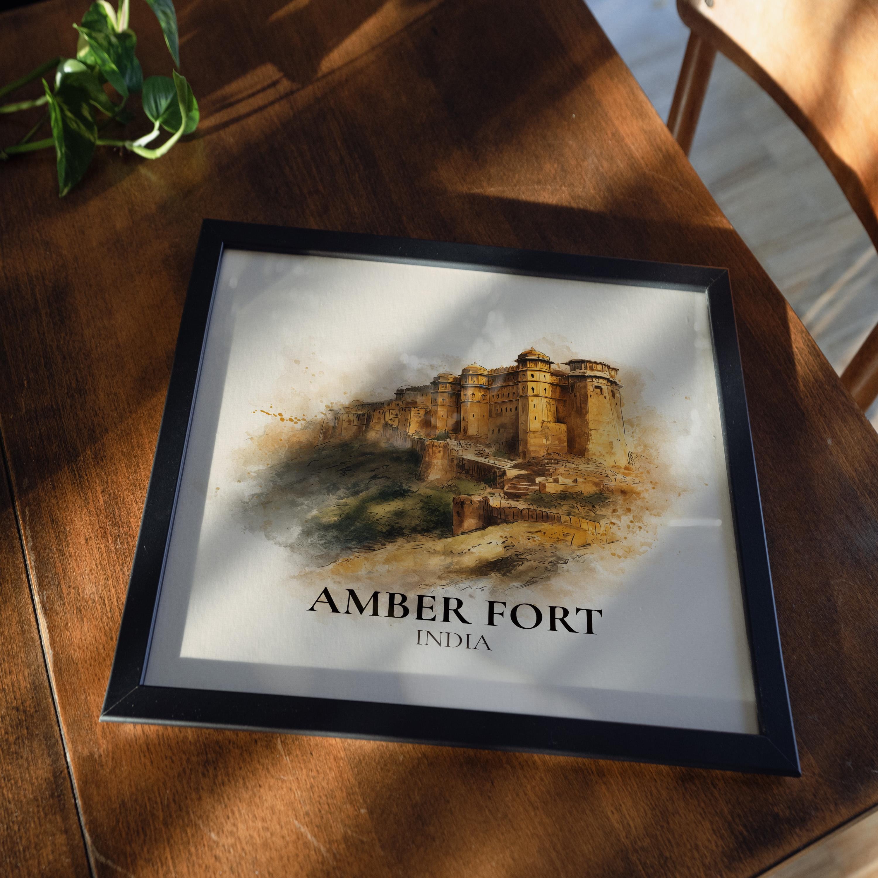 Amber Fort India Watercolor Wall Art Print, Custom Travel Poster, World Locations Keepsake Gift