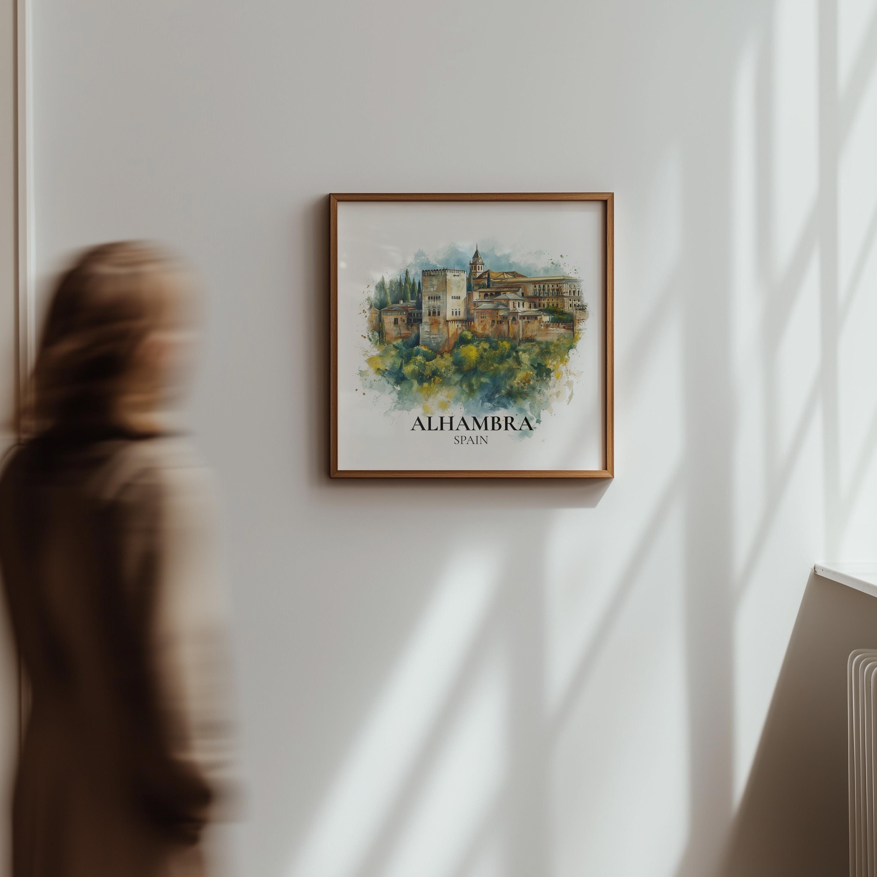 Alhambra Spain Watercolor Wall Art Print, Custom Travel Poster, World Locations Keepsake Gift