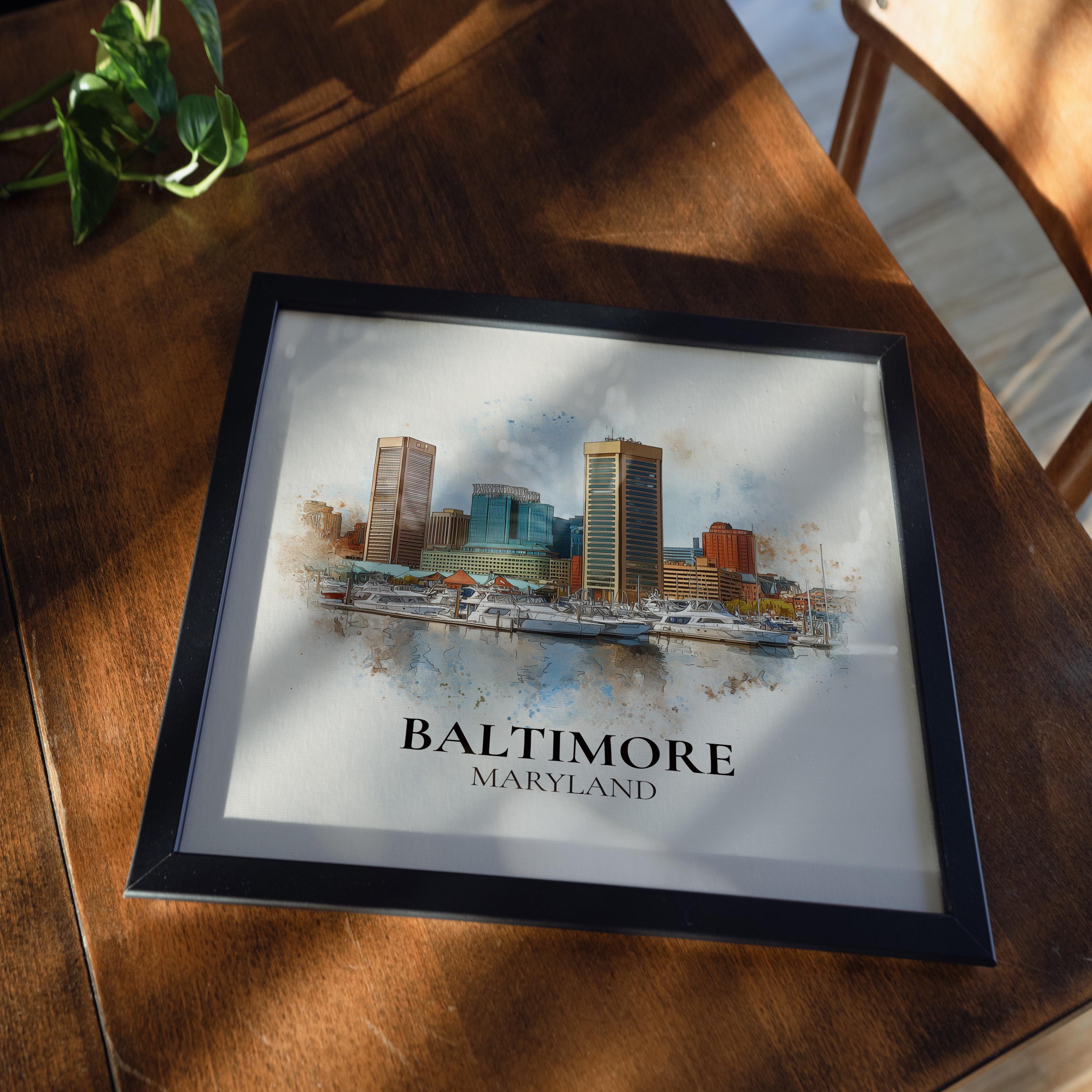 Baltimore Maryland Watercolor Wall Art Print, Custom Travel Poster, World Locations Keepsake Gift