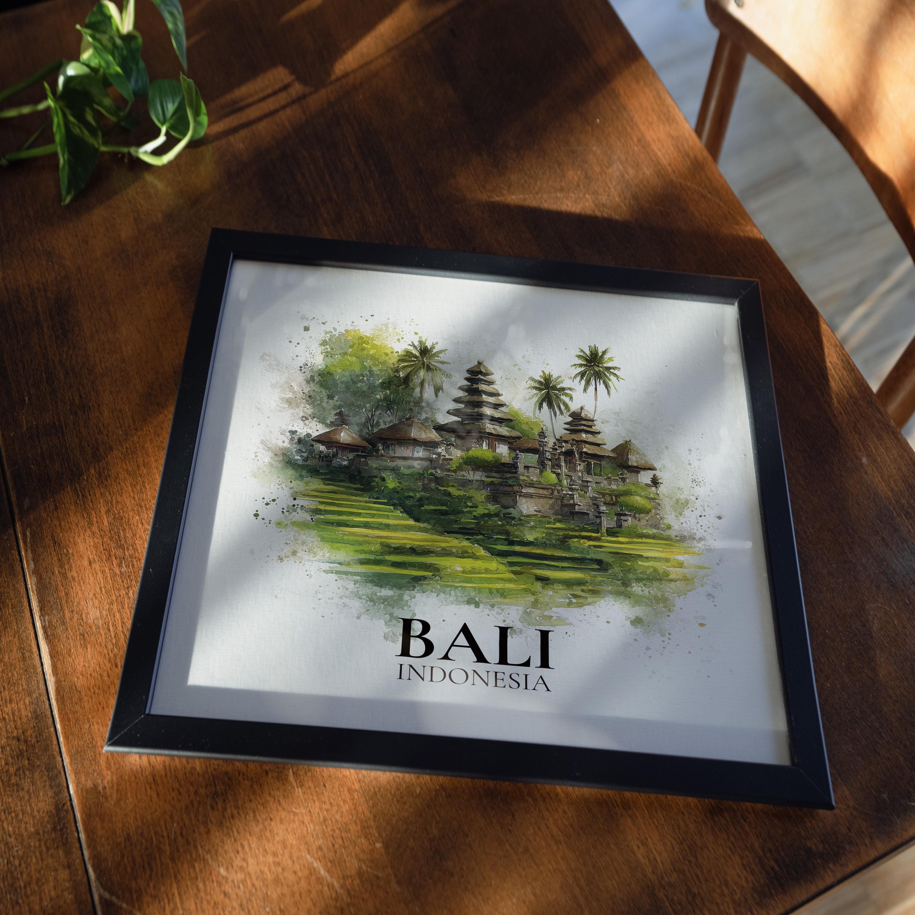 Bali Indonesia Watercolor Wall Art Print, Custom Travel Poster, World Locations Keepsake Gift