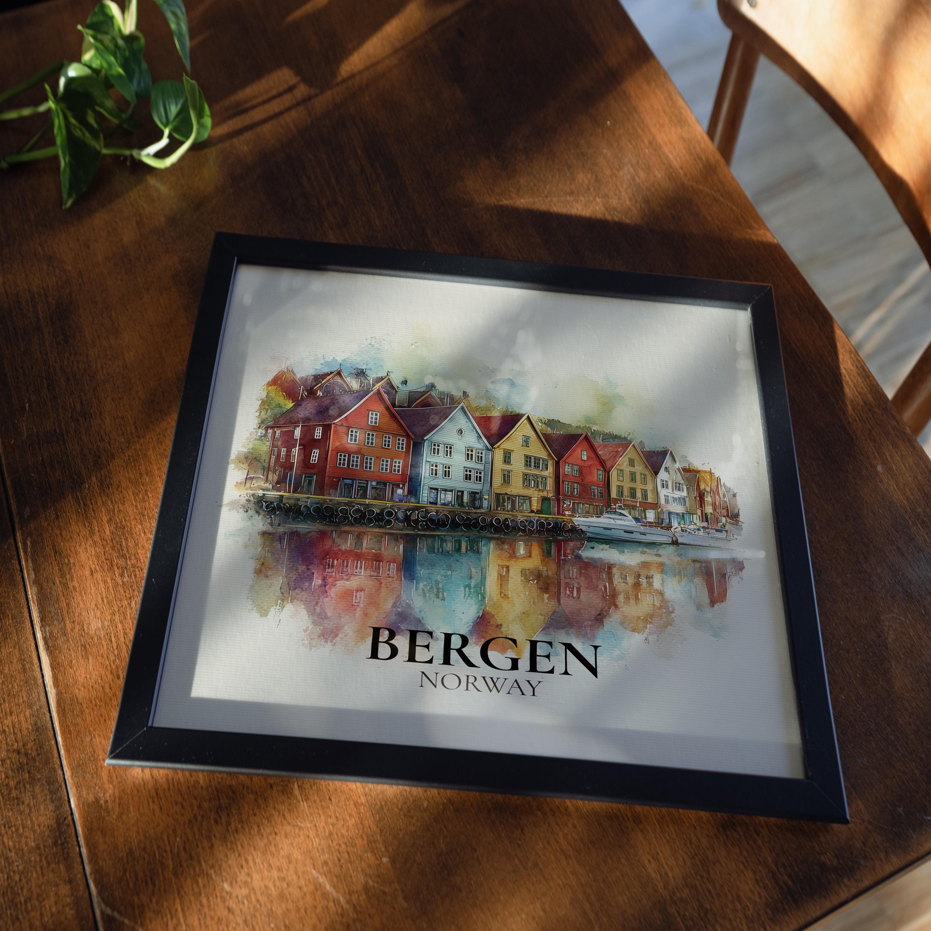 Bergen Norway Watercolor Wall Art Print, Custom Travel Poster, World Locations Keepsake Gift