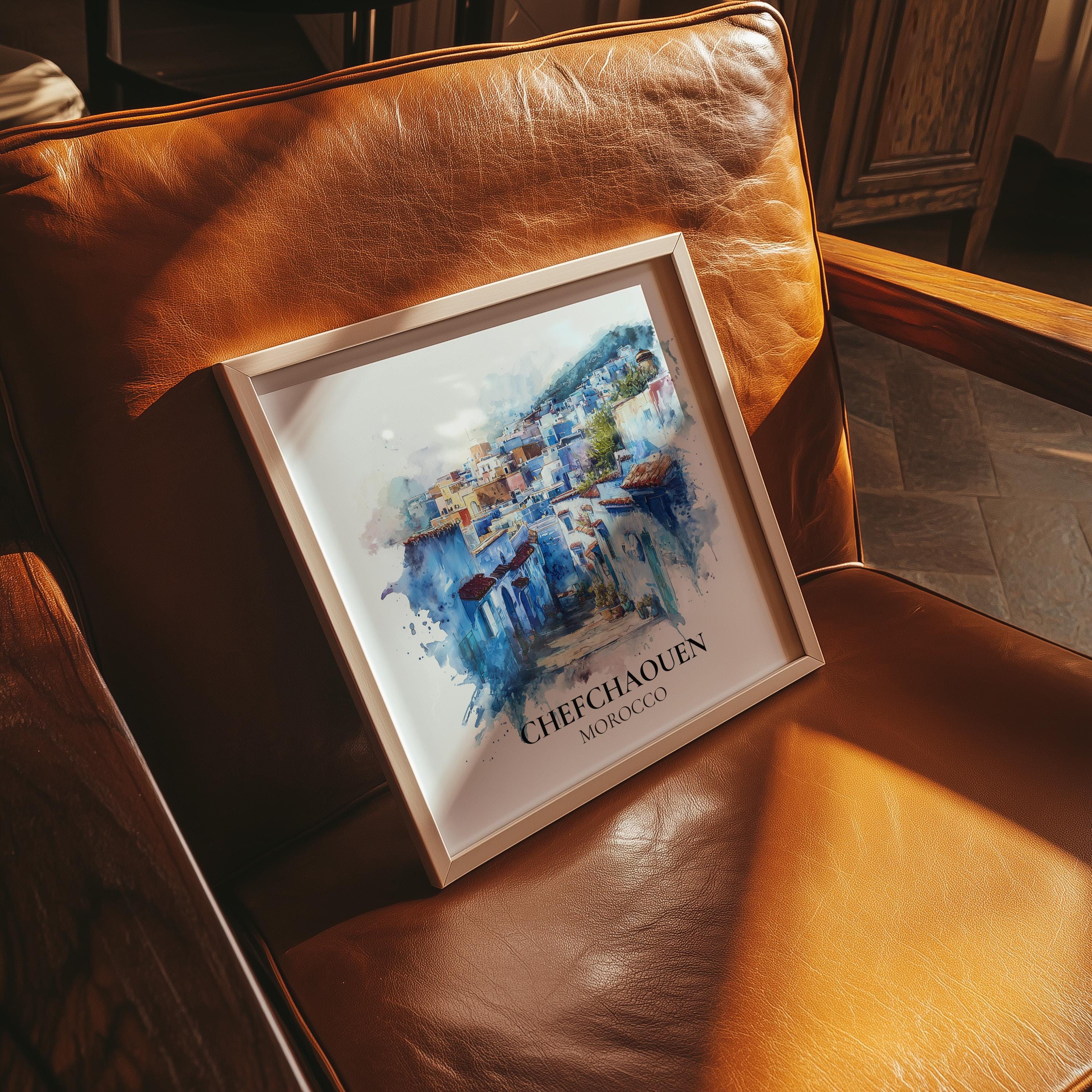 Chefchaouen Morocco Watercolor Wall Art Print, Custom Travel Poster, World Locations Keepsake Gift