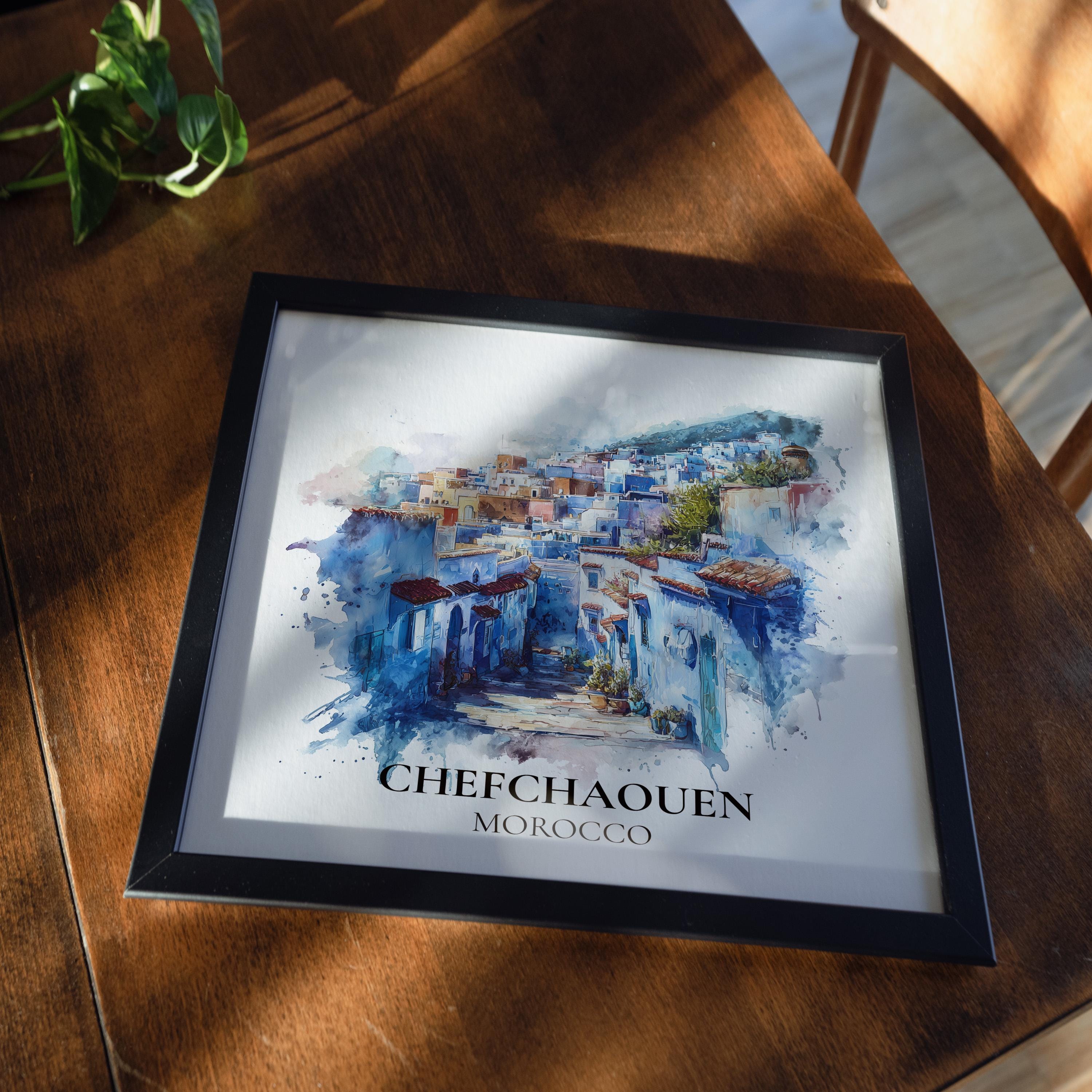 Chefchaouen Morocco Watercolor Wall Art Print, Custom Travel Poster, World Locations Keepsake Gift