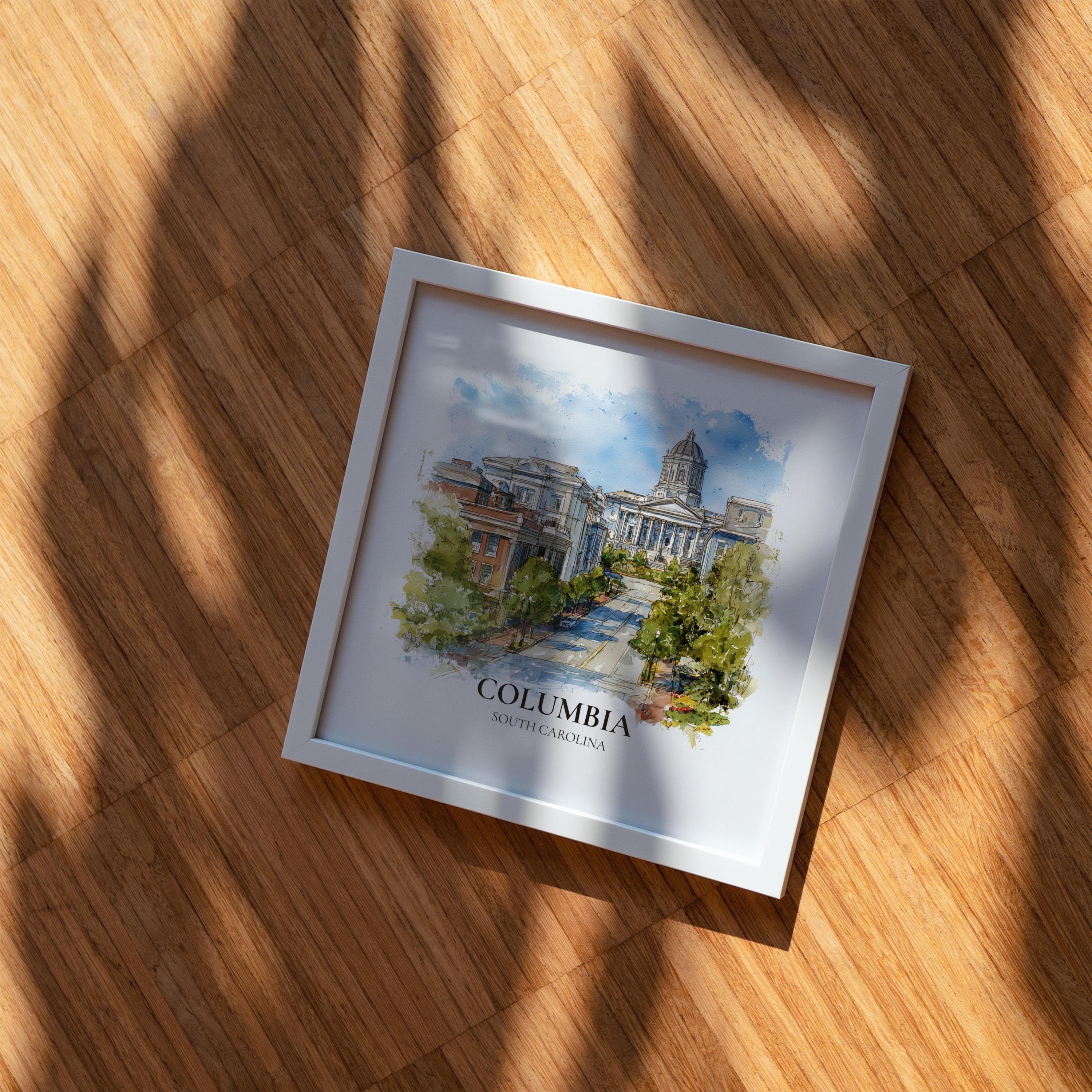 Columbia Poster South Carolina Watercolor Wall Art Print, Custom Travel, World Locations Keepsake Gift