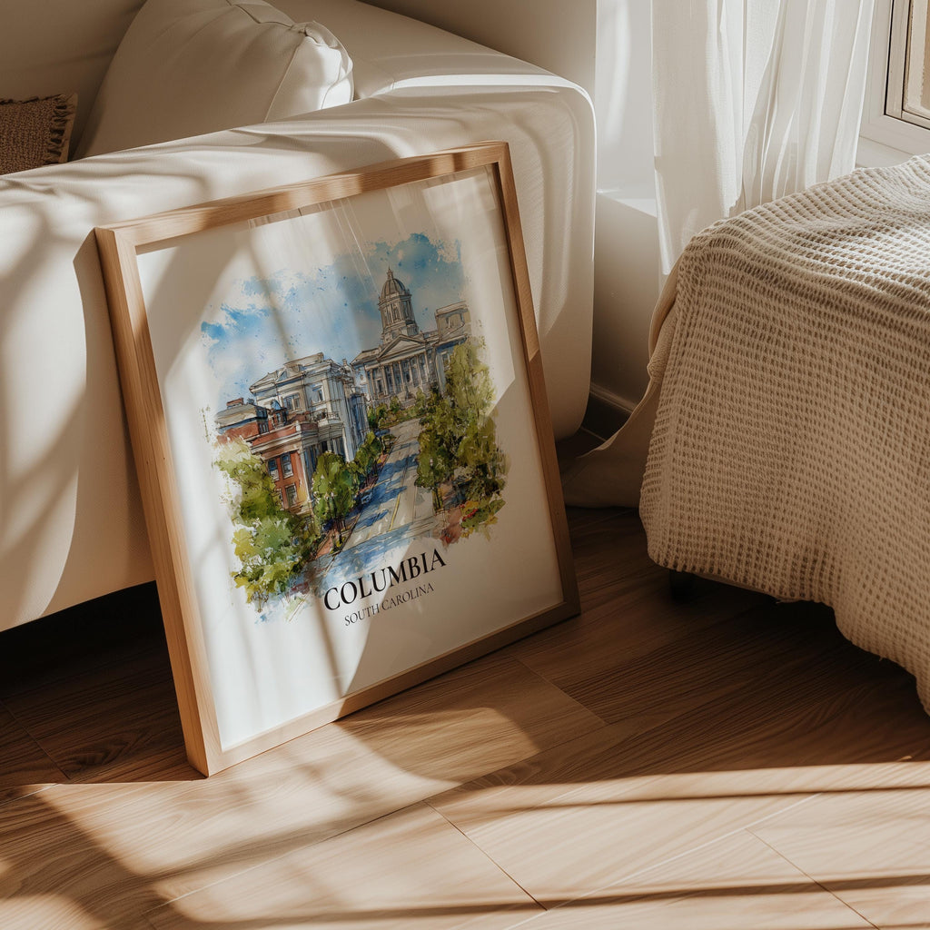 Columbia Poster South Carolina Watercolor Wall Art Print, Custom Travel, World Locations Keepsake Gift