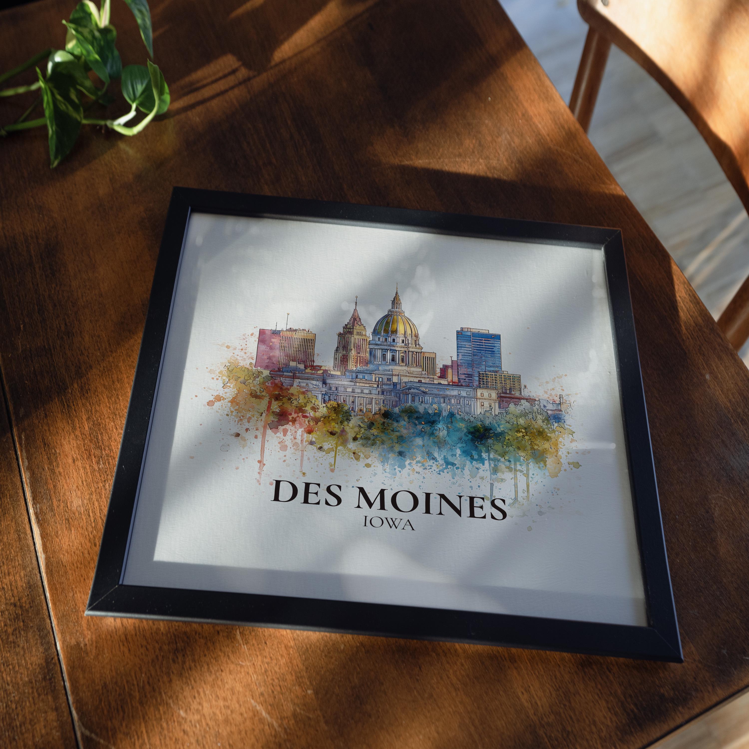 Des Moines Iowa Watercolor Wall Art Print, Custom Travel Poster, World Locations Keepsake Gift