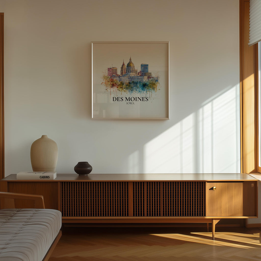 Des Moines Iowa Watercolor Wall Art Print, Custom Travel Poster, World Locations Keepsake Gift