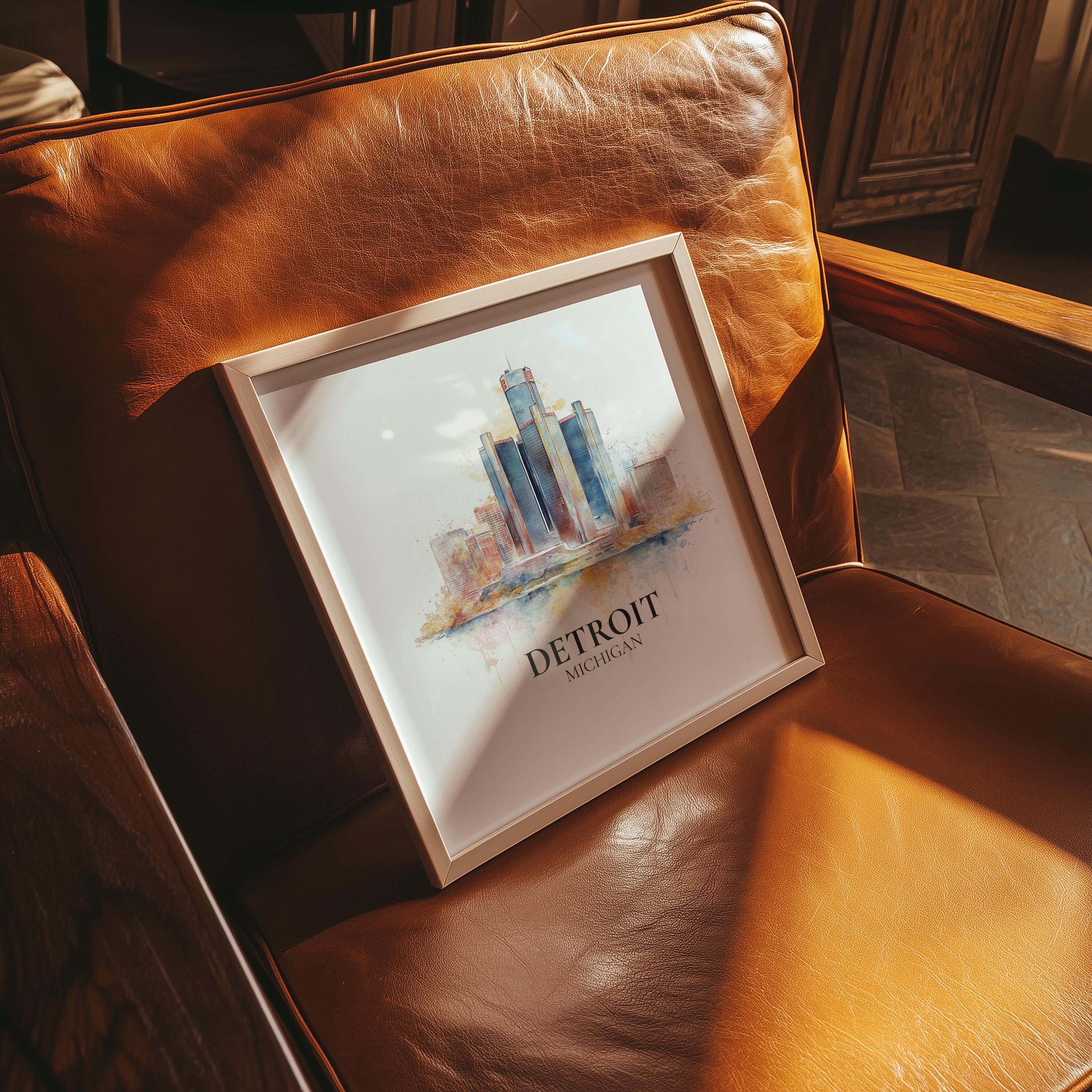 Detroit Michigan Watercolor Wall Art Print, Custom Travel Poster, World Locations Keepsake Gift