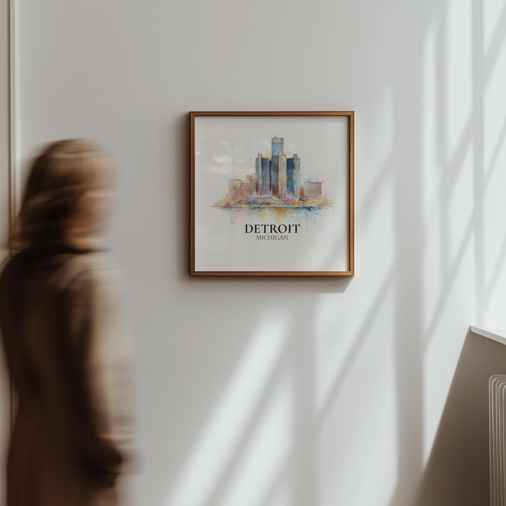 Detroit Michigan Watercolor Wall Art Print, Custom Travel Poster, World Locations Keepsake Gift